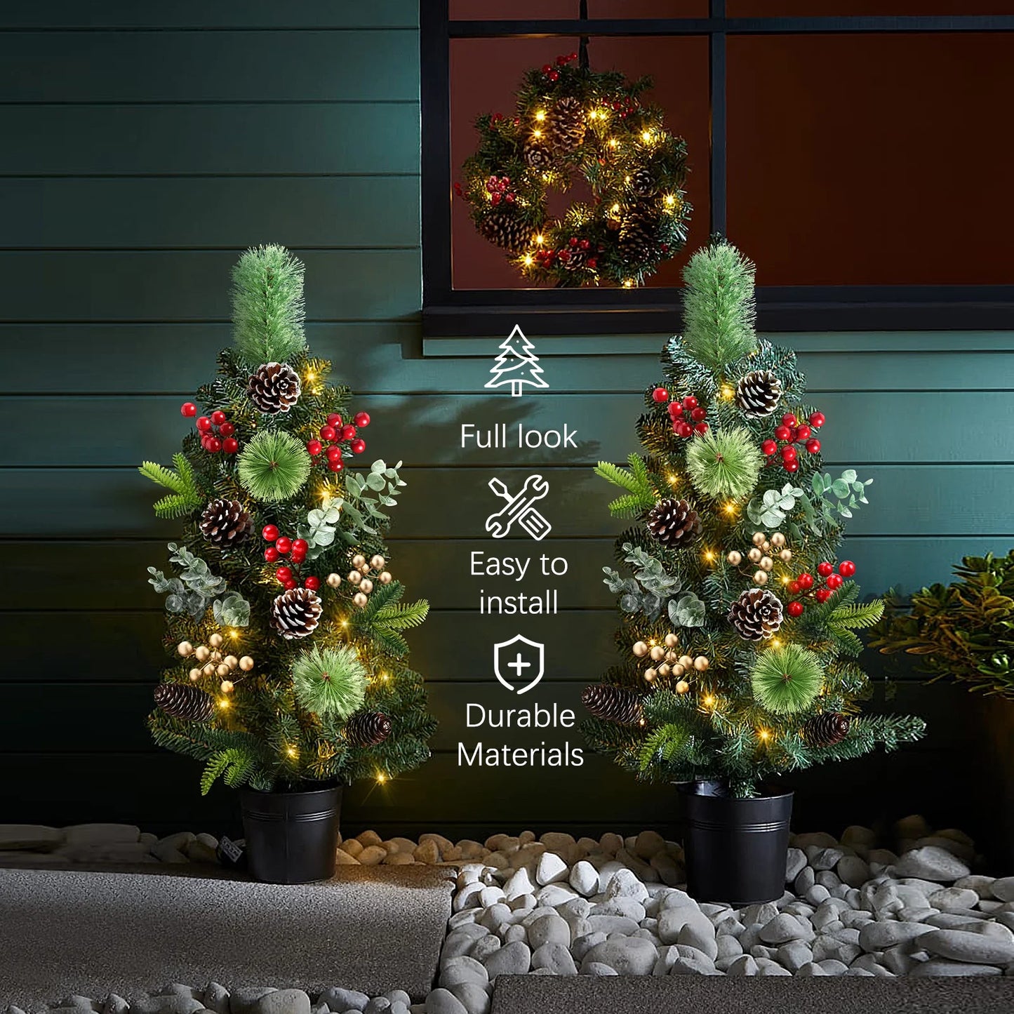 2Pcs 29In Outdoor Pathway Christmas Trees, Holiday Decor for Driveway, Yard, Garden W/Led Lights, Berries, Pine Cones, Ornaments