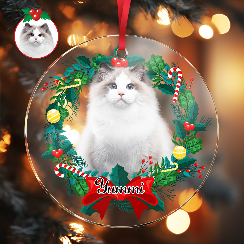 Personalized Pet Photo & Name Acrylic Christmas Ornament – Custom Pet Memorial Tree Decoration