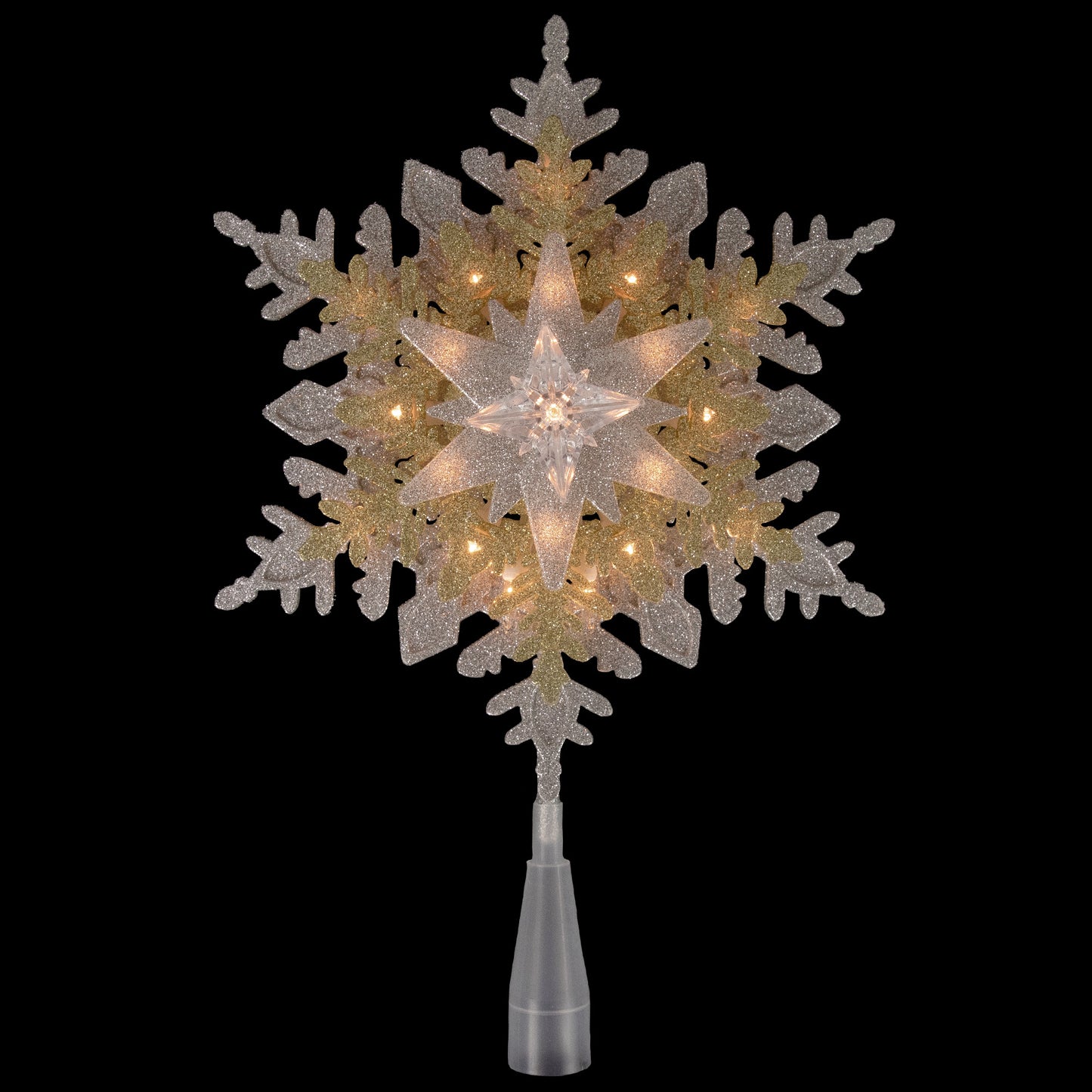 13.75" Lighted Gold and Silver Snowflake Christmas Tree Topper, Clear Lights