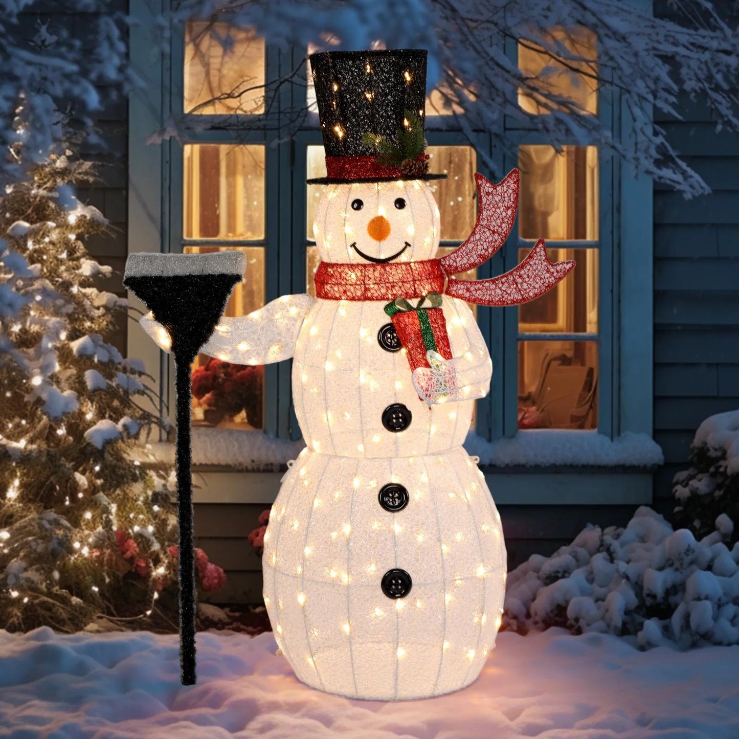 5Ft Lighted Christmas Snowman Decoration, Holding a Broom, White, 1 Count