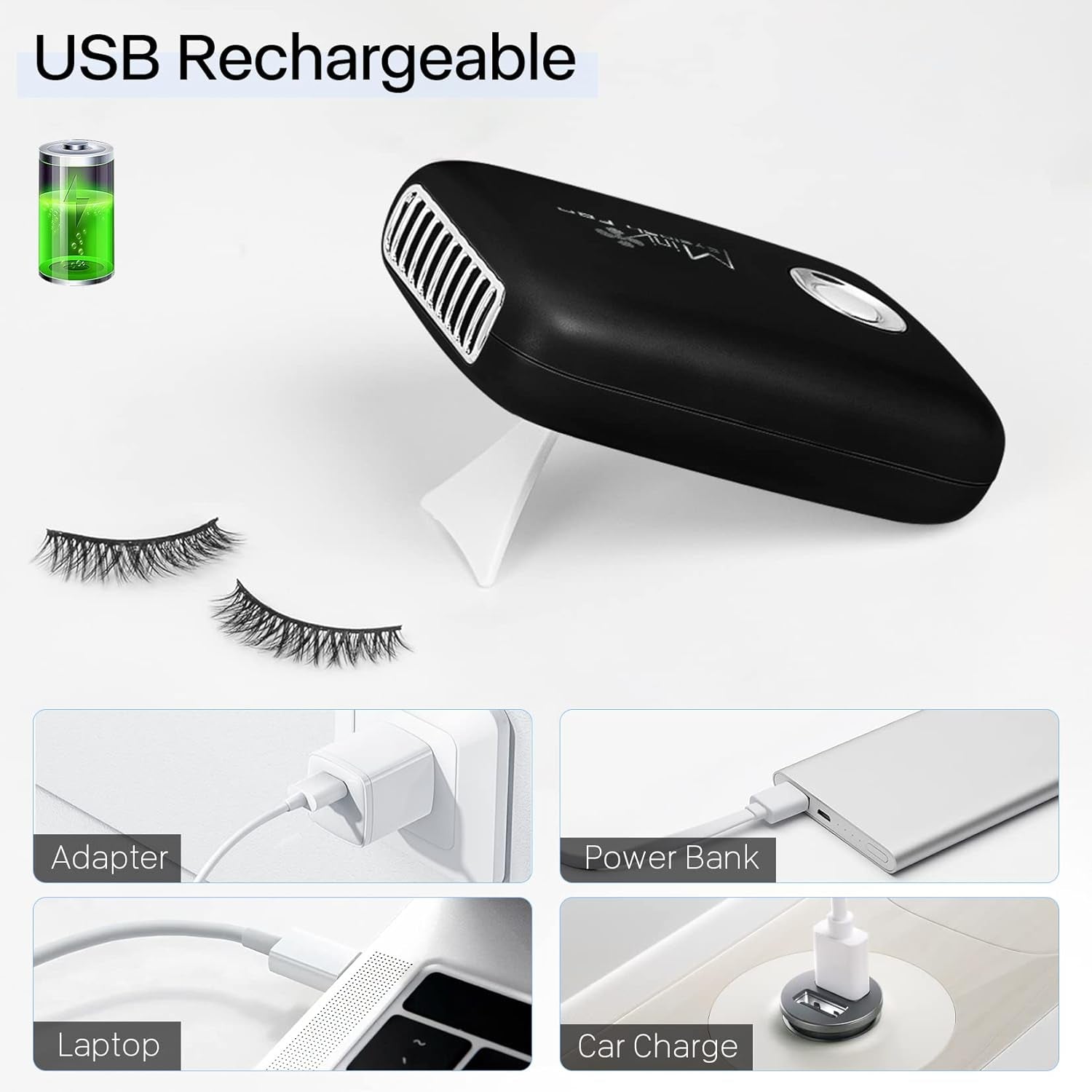 Eyelash Mini Lash Fan for Eyelash Extension Portable Lash Fan Dryer Handheld Rechargable USB Eyelashes Fans with 3 Adjustable Speed Cooling Air Fans Eyelashes Extension Application (Black)