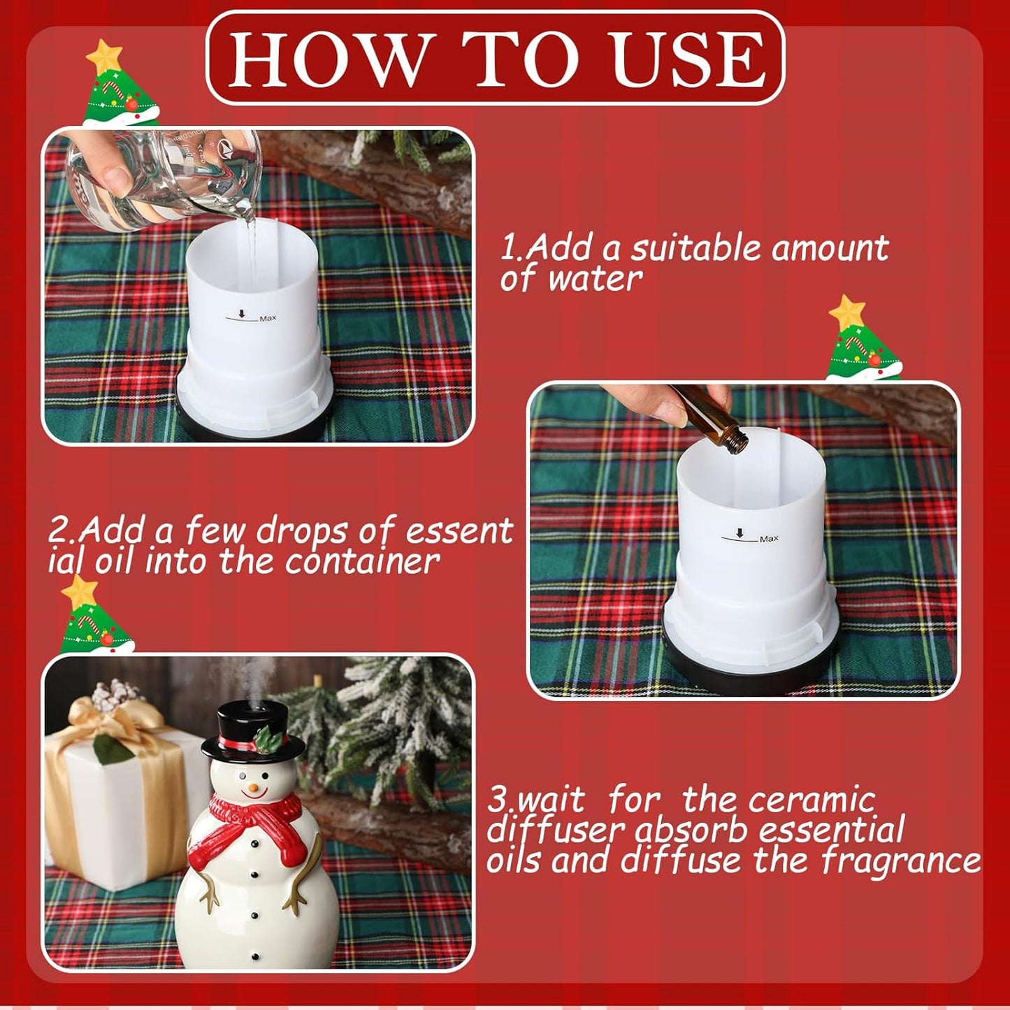 Christmas Essential Oil Diffuser 120Ml Ceramic Snowman Aromatherapy Humidifier, Holiday Diffuser Gift, Cute Tabletop Christmas Decoration for Home Office Winter(White, Red, Black)