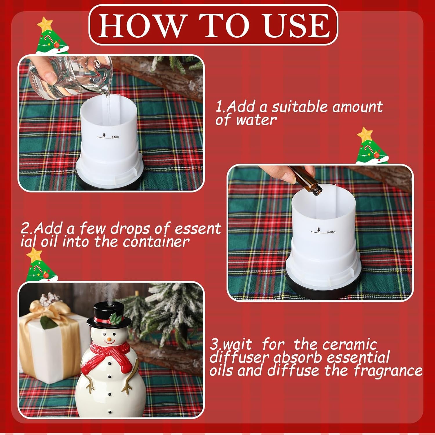 Christmas Essential Oil Diffuser 120Ml Ceramic Snowman Aromatherapy Humidifier, Holiday Diffuser Gift, Cute Tabletop Christmas Decoration for Home Office Winter(White, Red, Black)