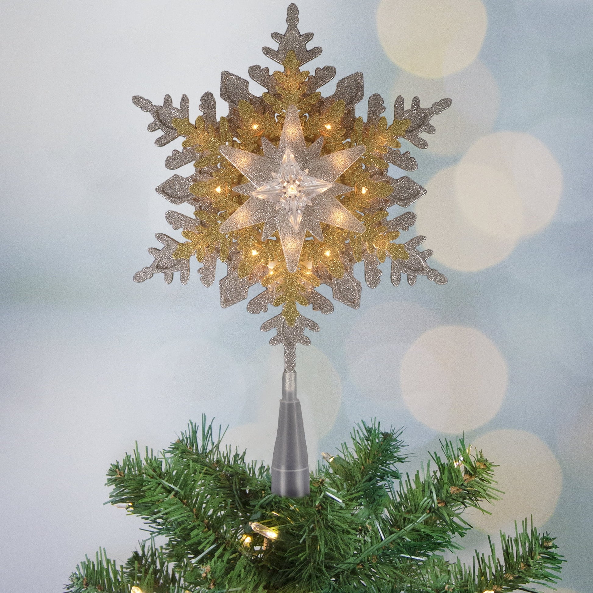 13.75" Lighted Gold and Silver Snowflake Christmas Tree Topper, Clear Lights