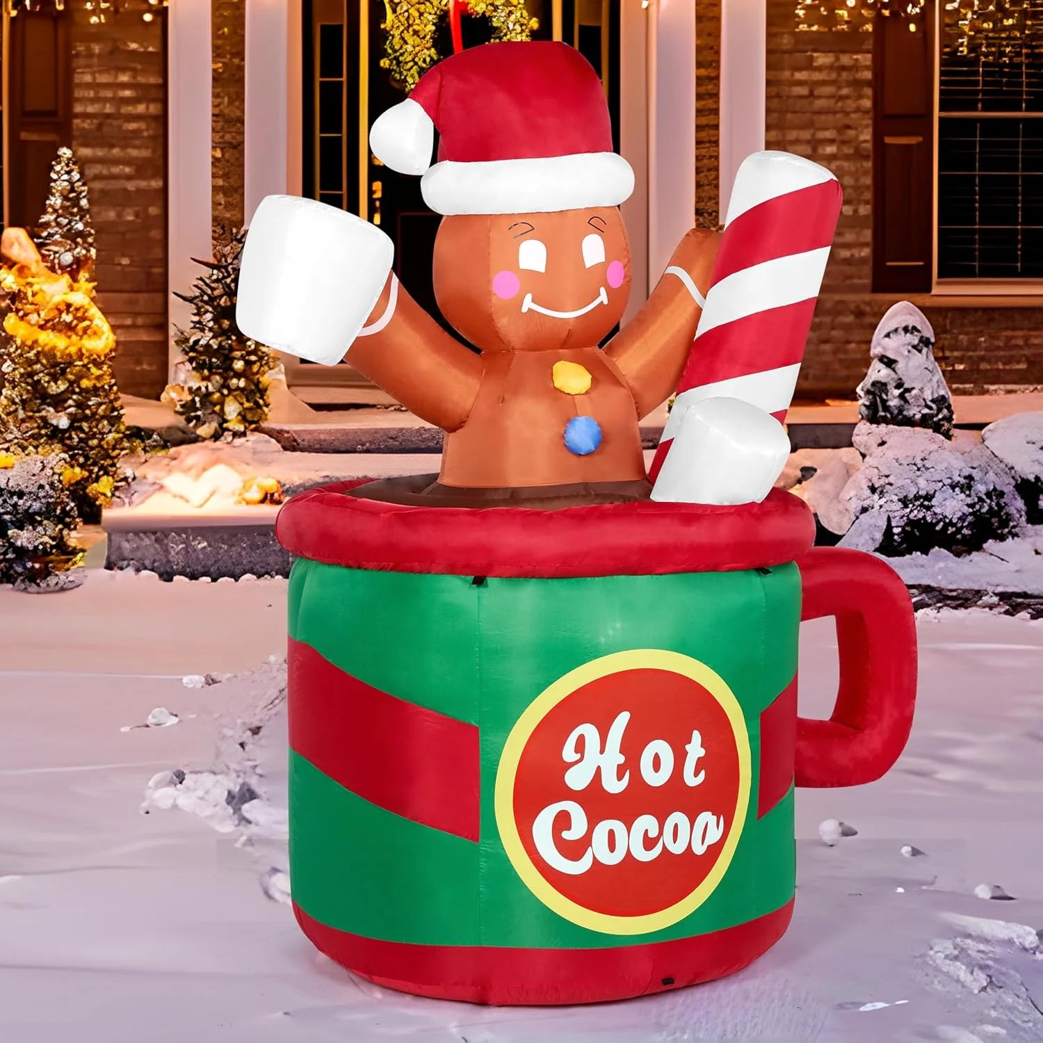 6 Ft Christmas Inflatables Gingerbread Outdoor Decorations,Gingerbread Man in Hot Cocoa Mug Blow Ups with Built-In Leds for Holiday Party Garden Lawn Yard Decor