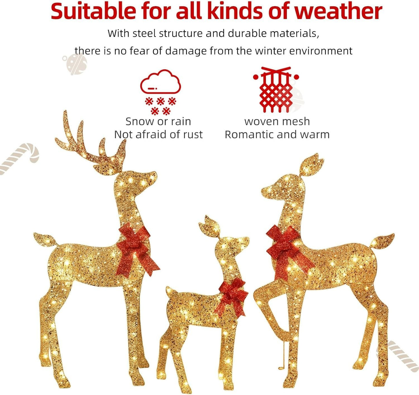 3-Piece 2D Lighted Christmas Deer Family Set - Large Outdoor Yard Reindeer Ho...