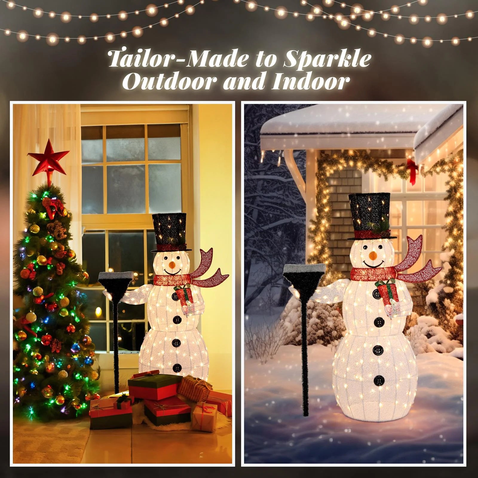 5Ft Lighted Christmas Snowman Decoration, Holding a Broom, White, 1 Count