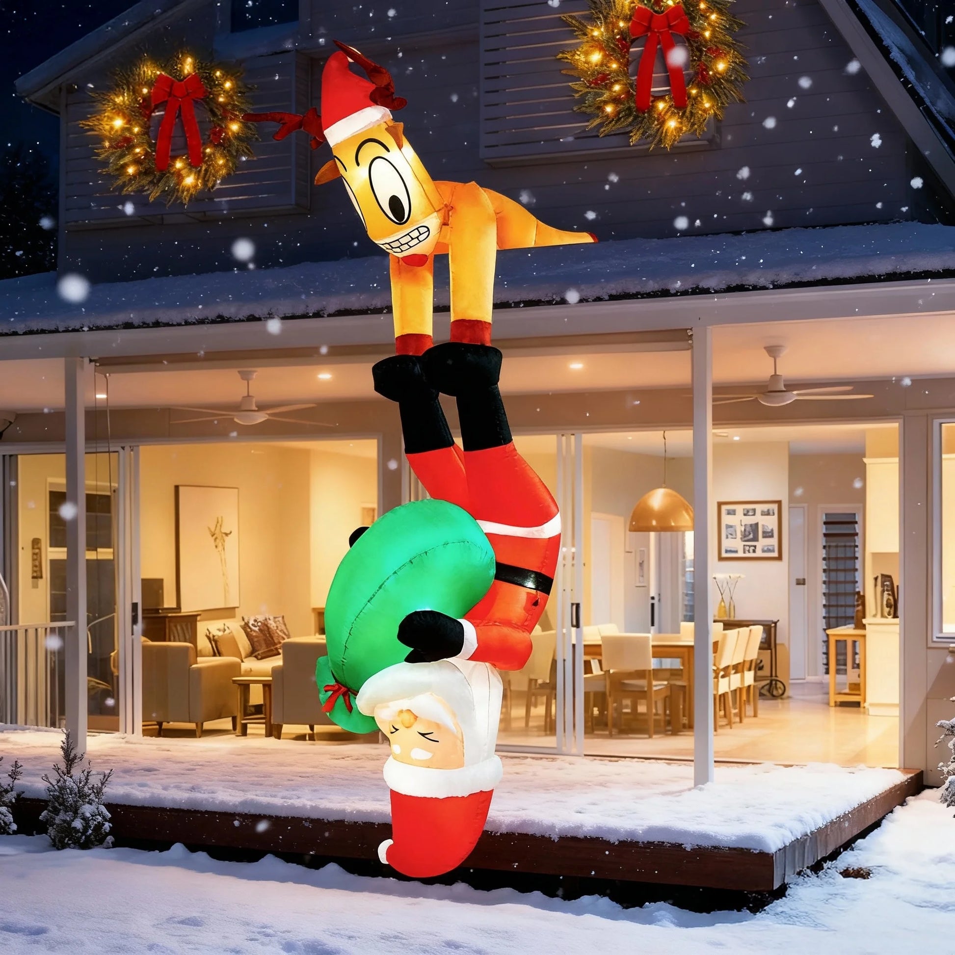 8FT Christmas Inflatables Decoration Outdoor Reindeer and Hanging Santa Blow up with Build-In LED Christmas Decorations Indoor Outdoor Yard Patio Garden Lawn Decor