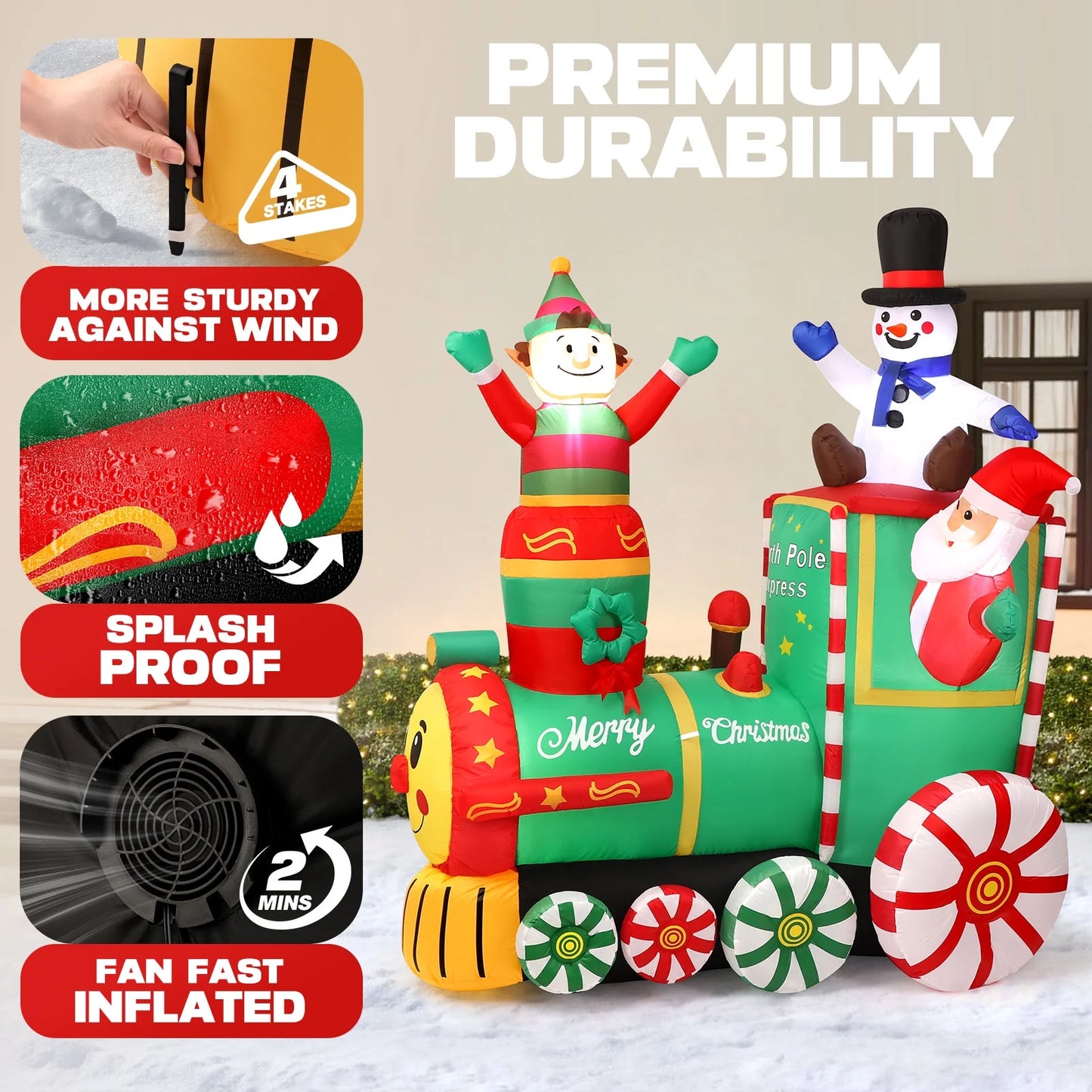 6 X 5Ft Pre-Lit Inflatables Christmas Outdoor Decoration, Santa on Train Outdoor Christmas Decoration