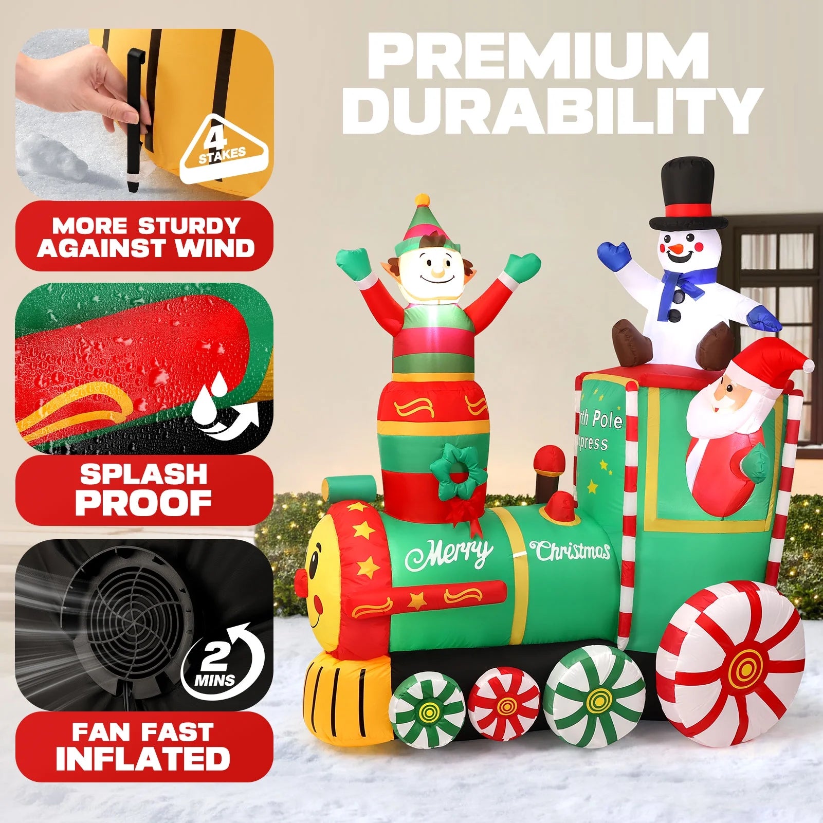 6 X 5Ft Pre-Lit Inflatables Christmas Outdoor Decoration, Santa on Train Outdoor Christmas Decoration