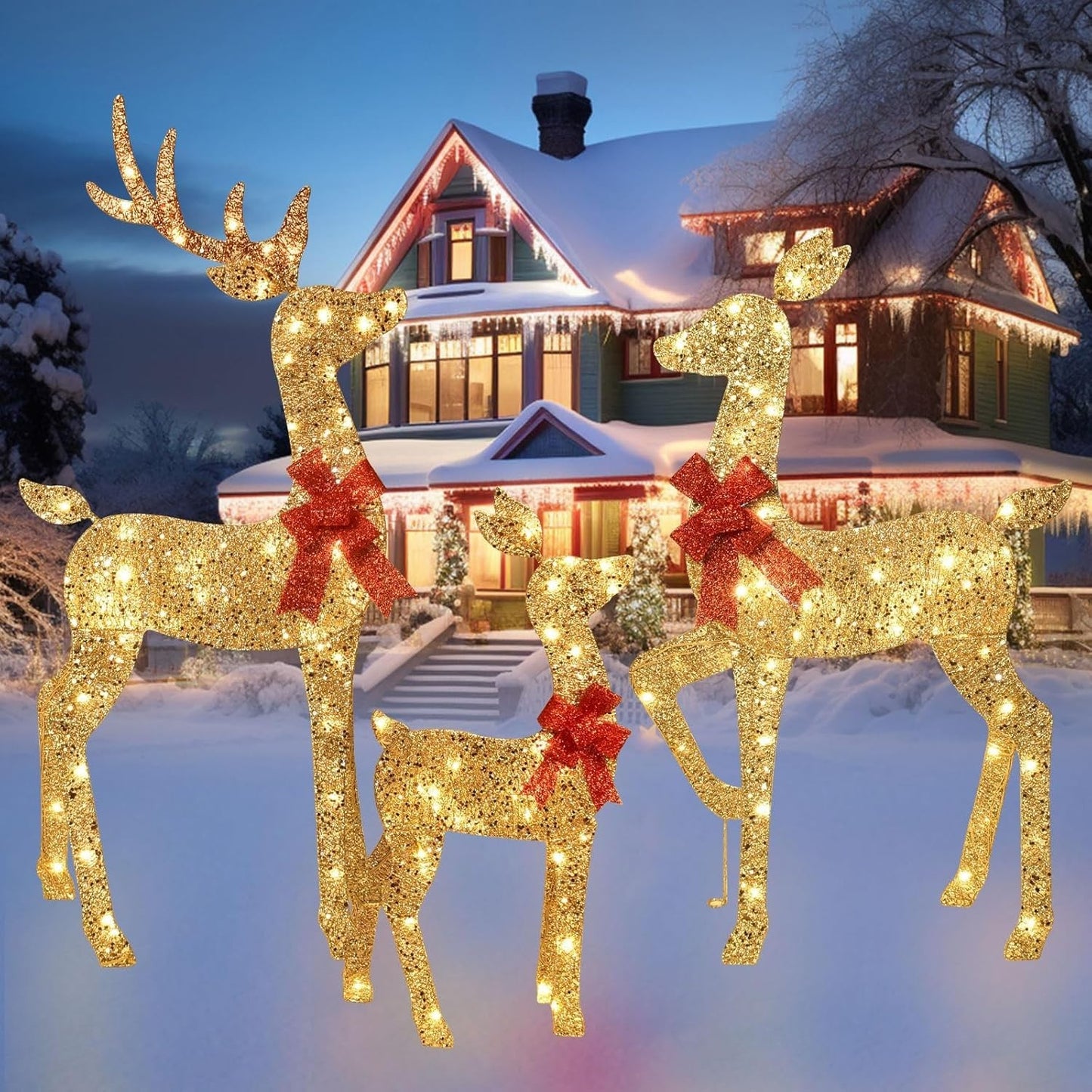 3-Piece 2D Lighted Christmas Deer Family Set - Large Outdoor Yard Reindeer Ho...