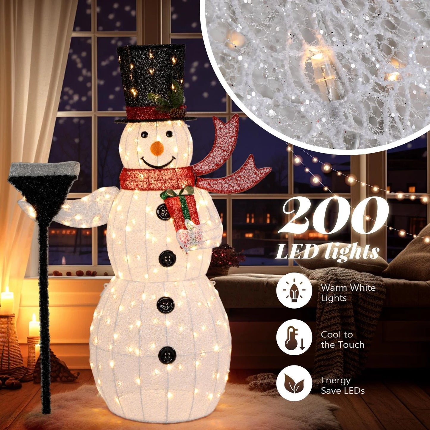 5Ft Lighted Christmas Snowman Decoration, Holding a Broom, White, 1 Count