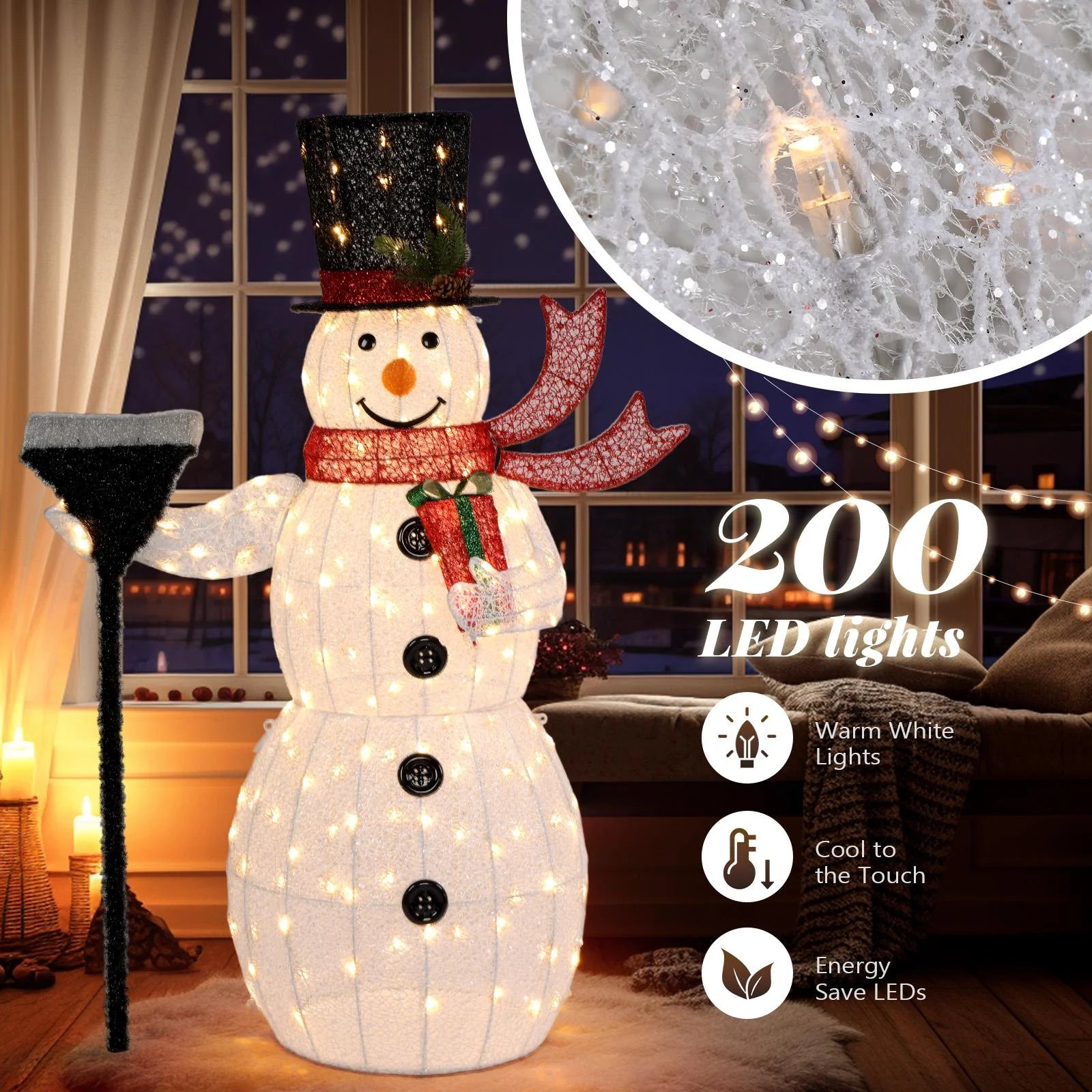5Ft Lighted Christmas Snowman Decoration, Holding a Broom, White, 1 Count