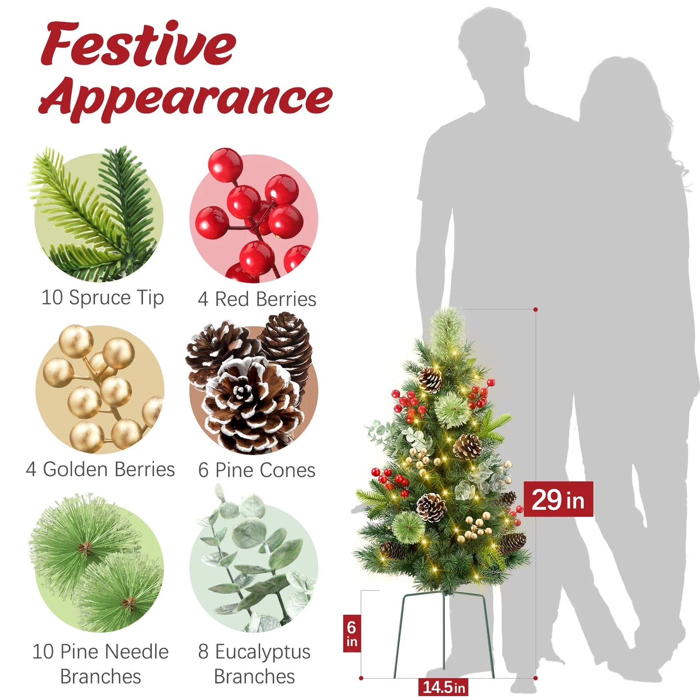 2Pcs 29In Outdoor Pathway Christmas Trees, Holiday Decor for Driveway, Yard, Garden W/Led Lights, Berries, Pine Cones, Ornaments