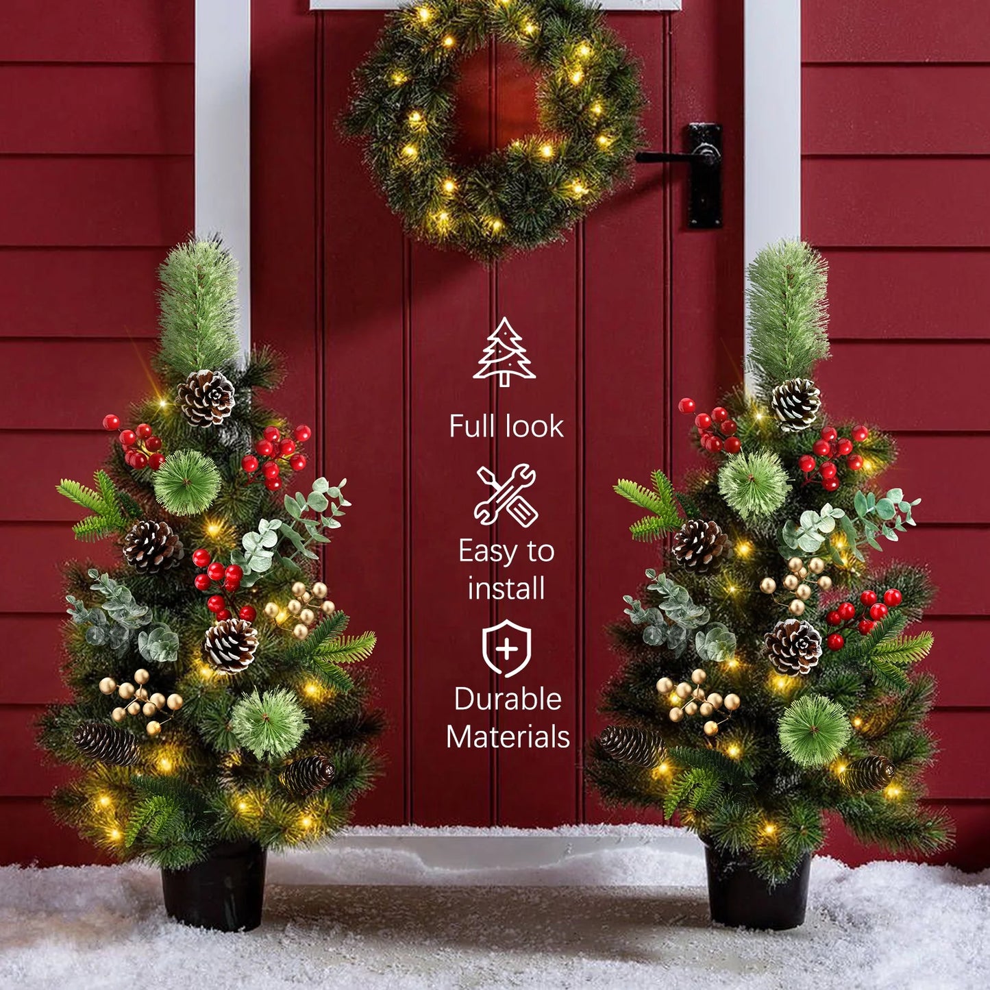 2Pcs 29In Outdoor Pathway Christmas Trees, Holiday Decor for Driveway, Yard, Garden W/Led Lights, Berries, Pine Cones, Ornaments