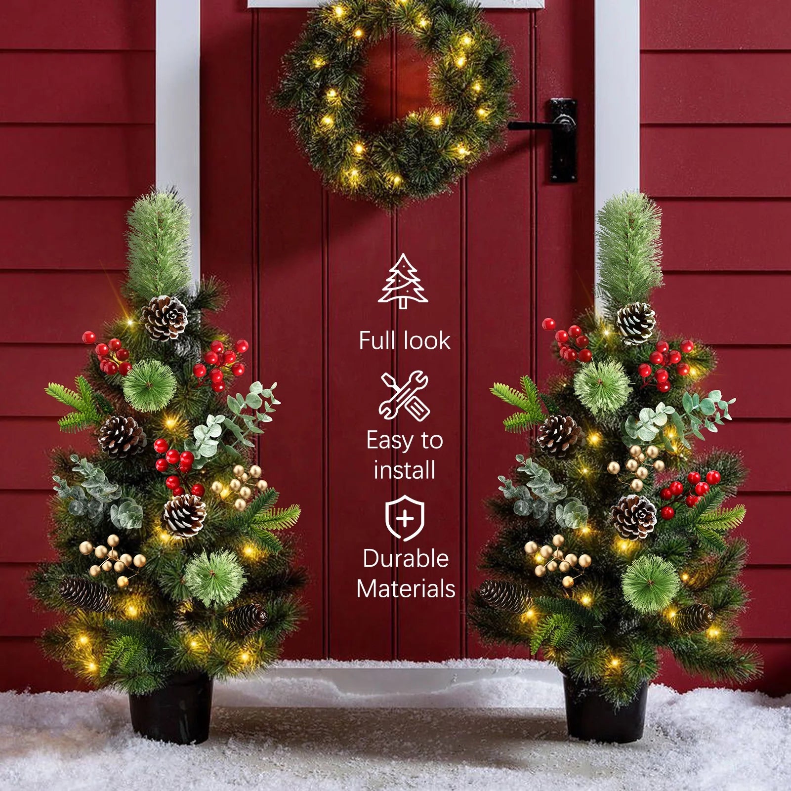 2Pcs 29In Outdoor Pathway Christmas Trees, Holiday Decor for Driveway, Yard, Garden W/Led Lights, Berries, Pine Cones, Ornaments