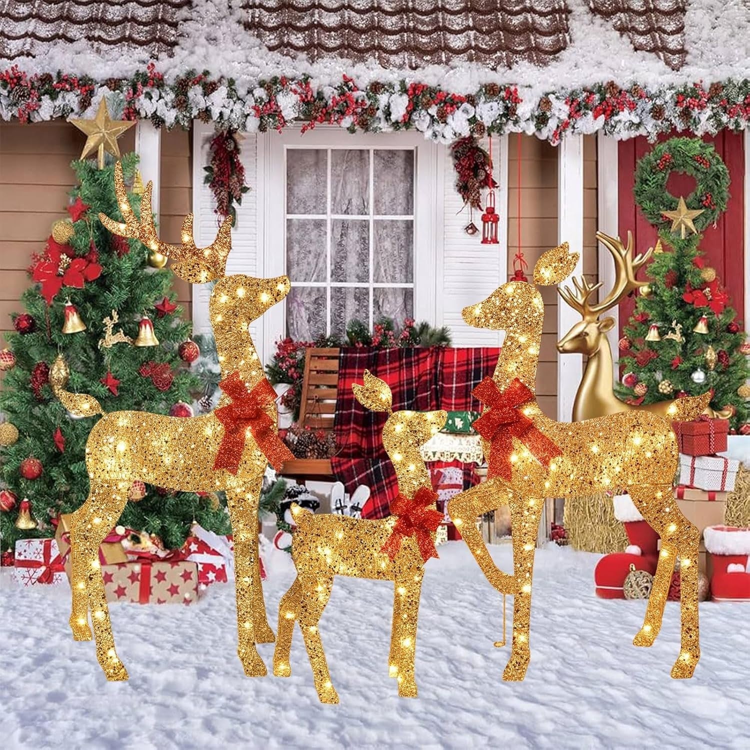 3-Piece 2D Lighted Christmas Deer Family Set - Large Outdoor Yard Reindeer Ho...