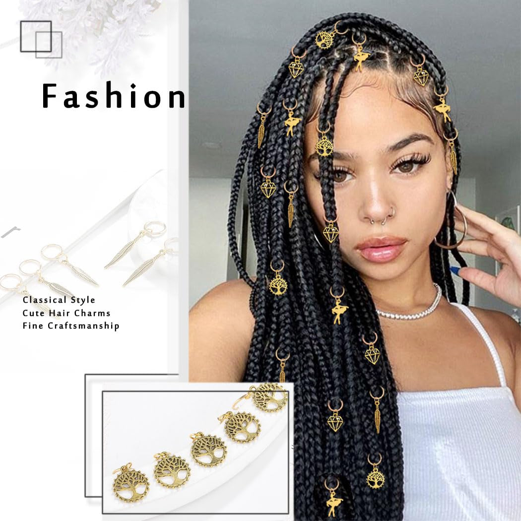 Feather Braid Hair Charms Gold Tree of Life Loc Jewelry Diamond African Dreadlock Accessories for Black Women (20PCS)