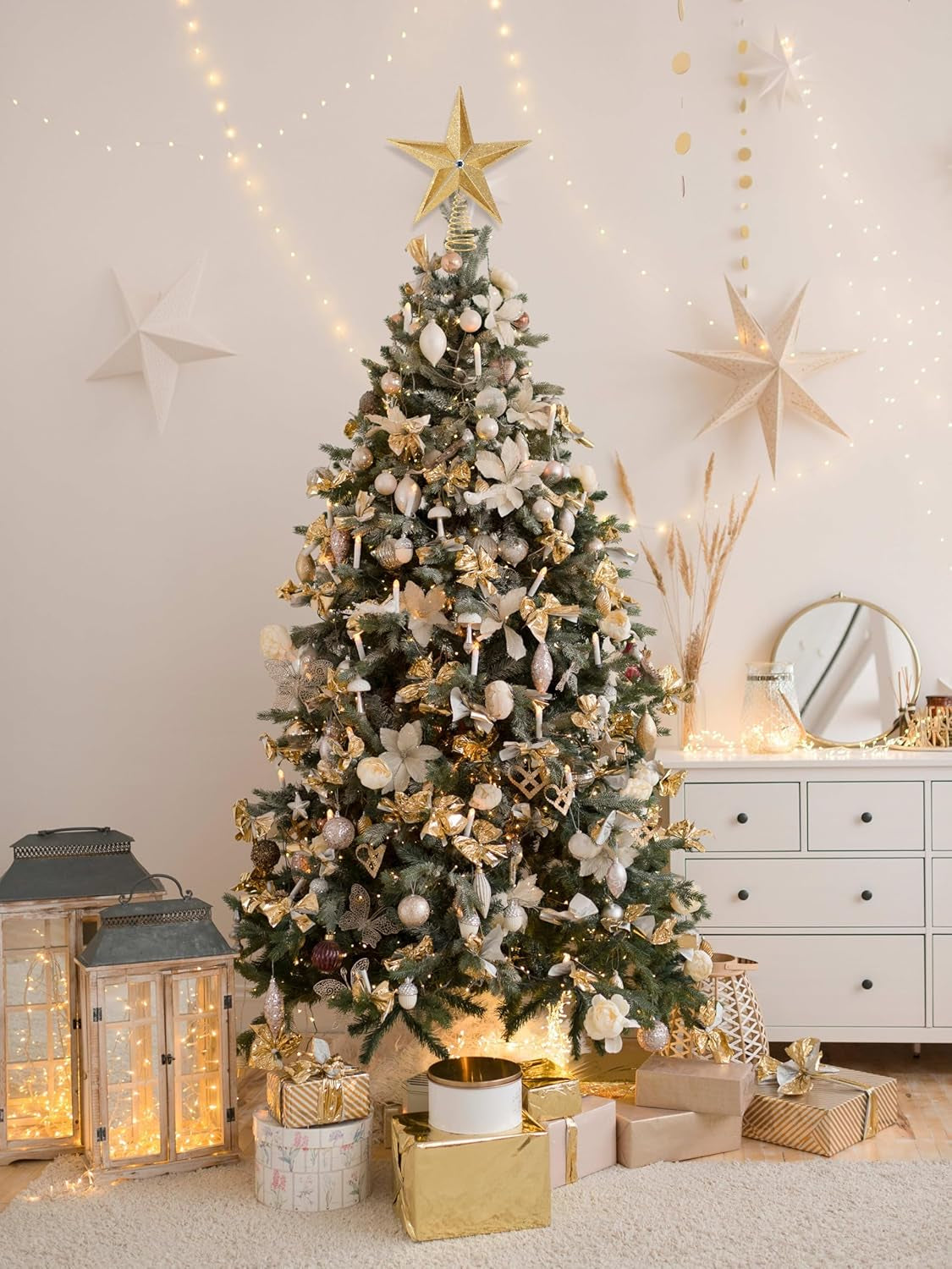 10 Inch Large Filigree Gold Glittered Christmas Star Tree Topper Star for Large Tree 6 Feet-8 Feet Tall/Home Decor Ornaments (Gold)