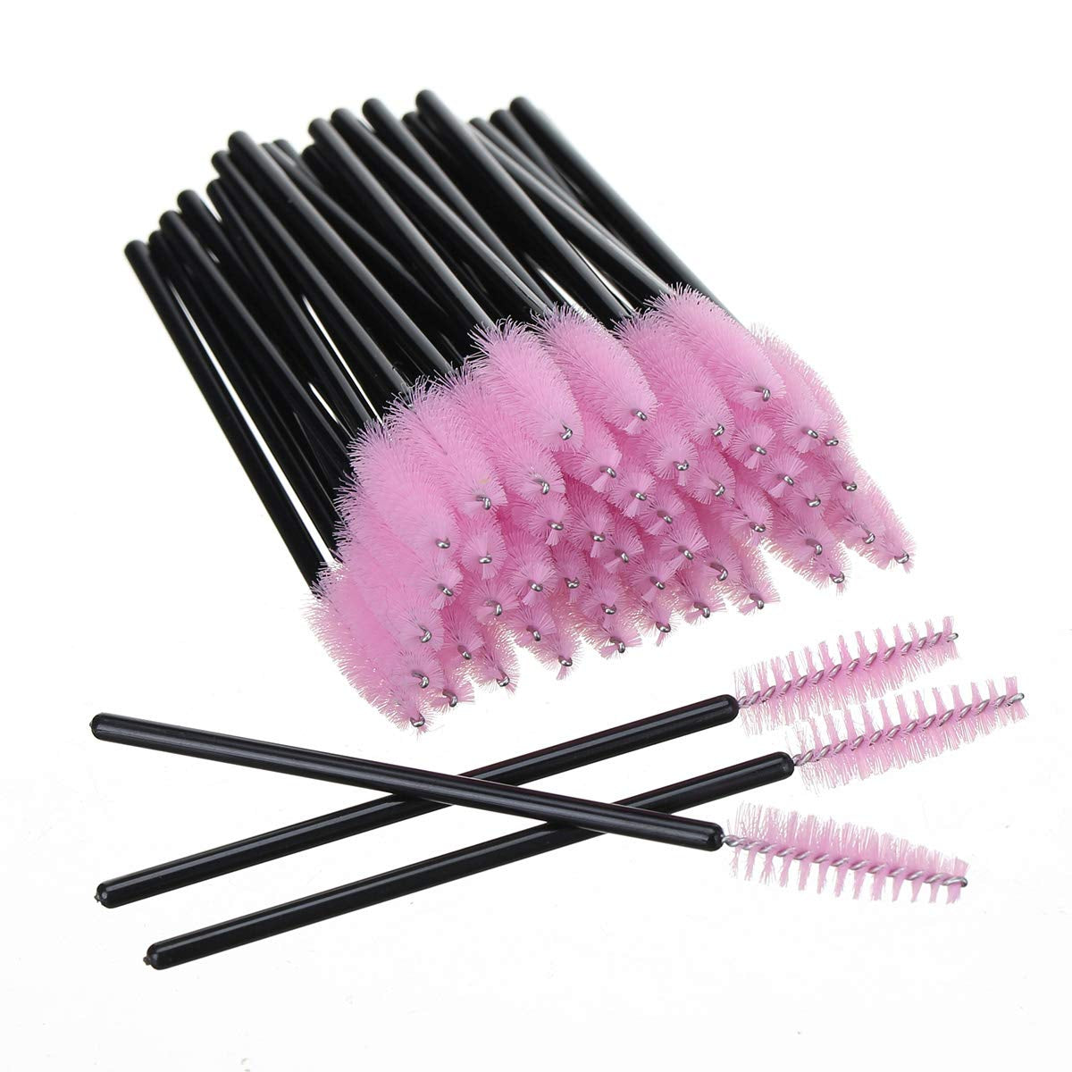 100 PCS Disposable Eyelash Brushes Mascara Brushes Eye Lash Eyebrow Applicator Cosmetic Makeup Brush Tool Kits (Black-Pink)