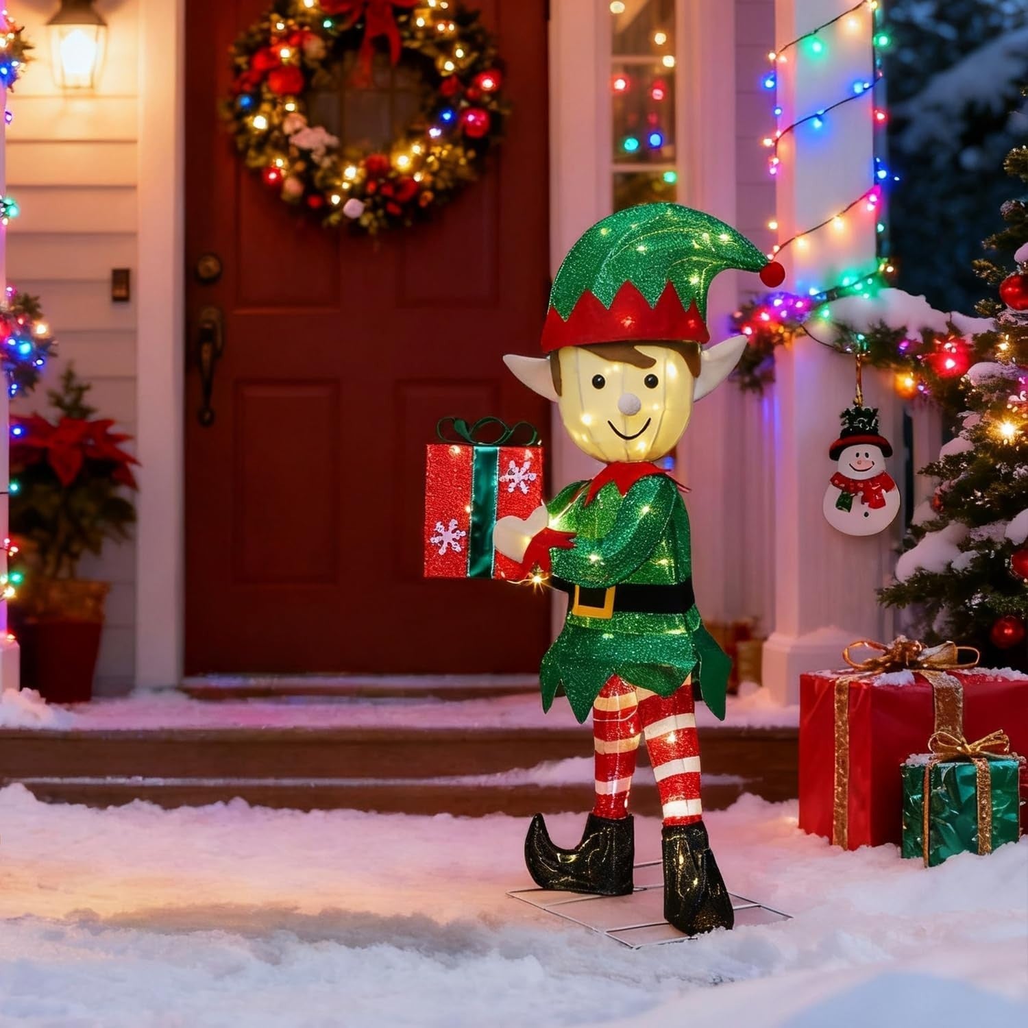 Lighted Christmas Outdoor Decor, 38" Height Pre-Lit 3D Tinsel Xmas Green Elf