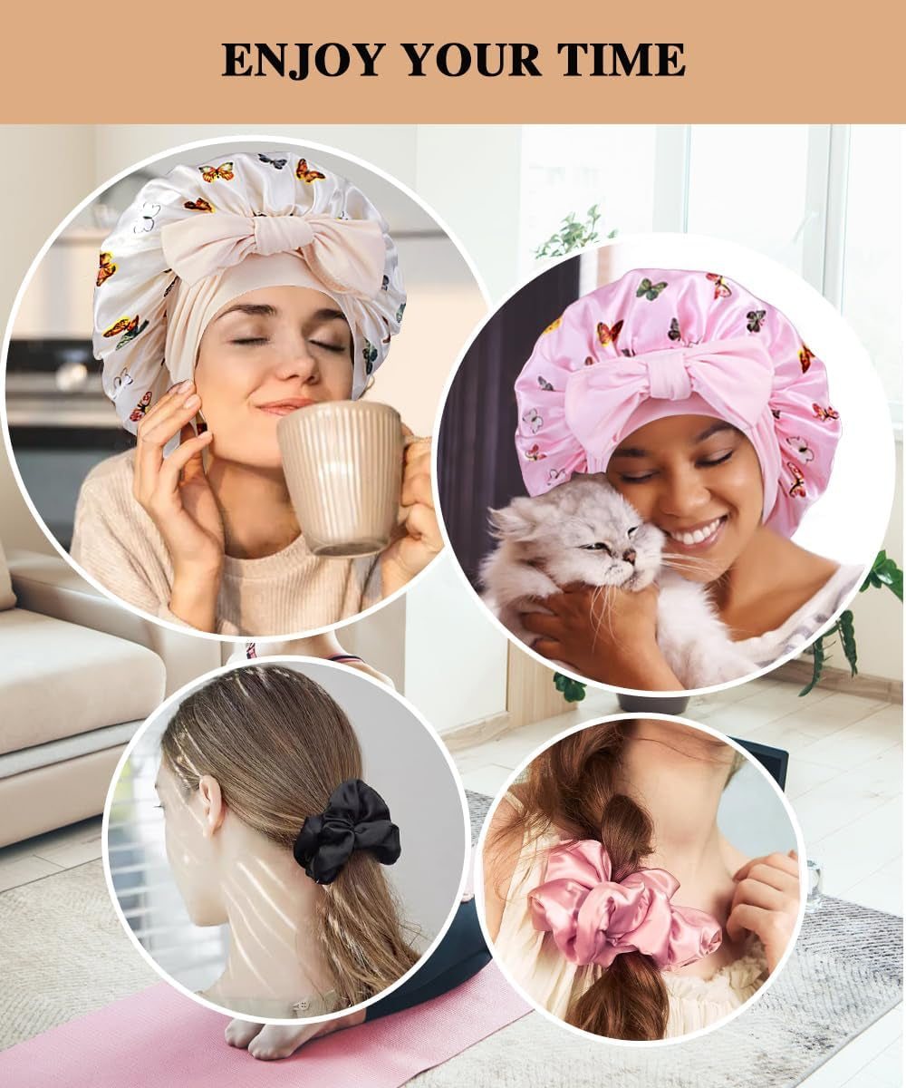 2+3 Large Satin Bonnets with Scrunchies for Women, Hair Bonnet Sleeping Tie Bonnet for Braids Curly Hair