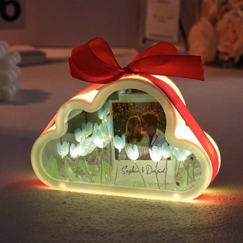 Custom Photo Cloud-shaped Tulip Rectangle Lamp Flower Infinity Mirror Box Infinity Mirror Flower with Your Picture and Text DIY Kit