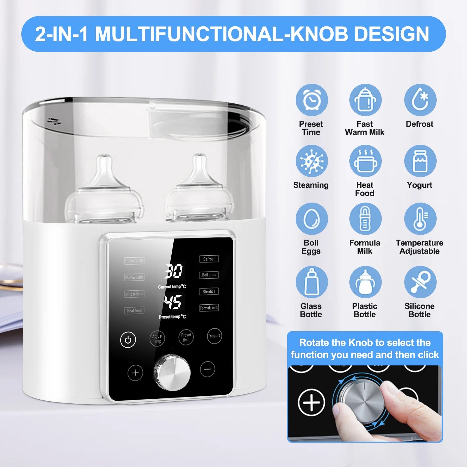 Baby Bottle Warmer, 12 in 1 Babies Fast Milk Warmer & Sterilizer Double Food Heater & Defrost Bpa-Free with LCD Display, Timer & 24H Temperature Control for Breastmilk & Formula