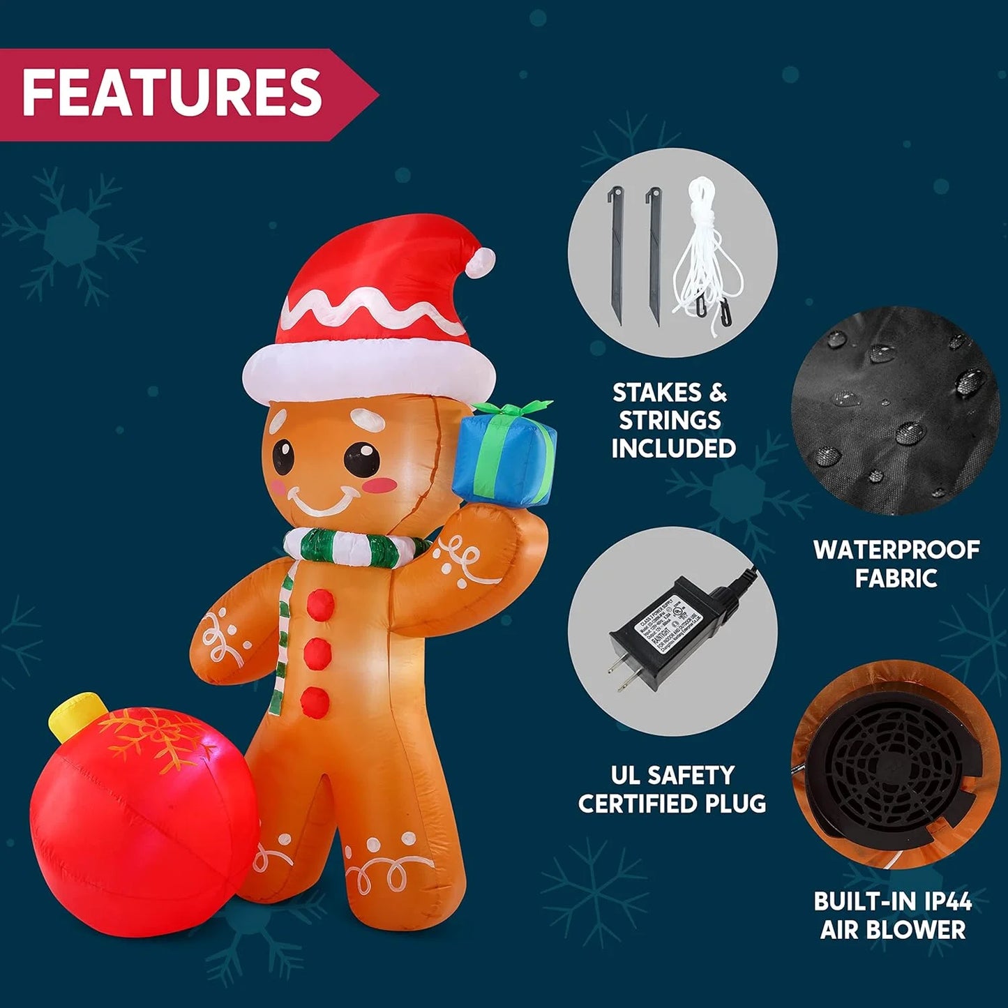 6 Ft Christmas Inflatables Gingerbread Outdoor Decorations,Gingerbread with Ornament Blow Ups with Built-In Leds for Holiday Party Garden Lawn Yard Decor