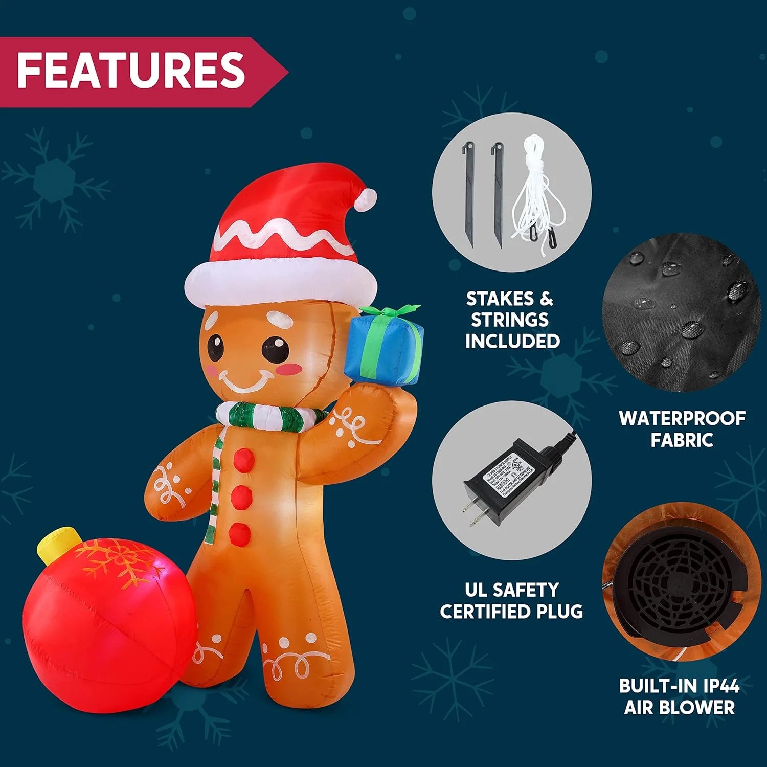 6 Ft Christmas Inflatables Gingerbread Outdoor Decorations,Gingerbread with Ornament Blow Ups with Built-In Leds for Holiday Party Garden Lawn Yard Decor