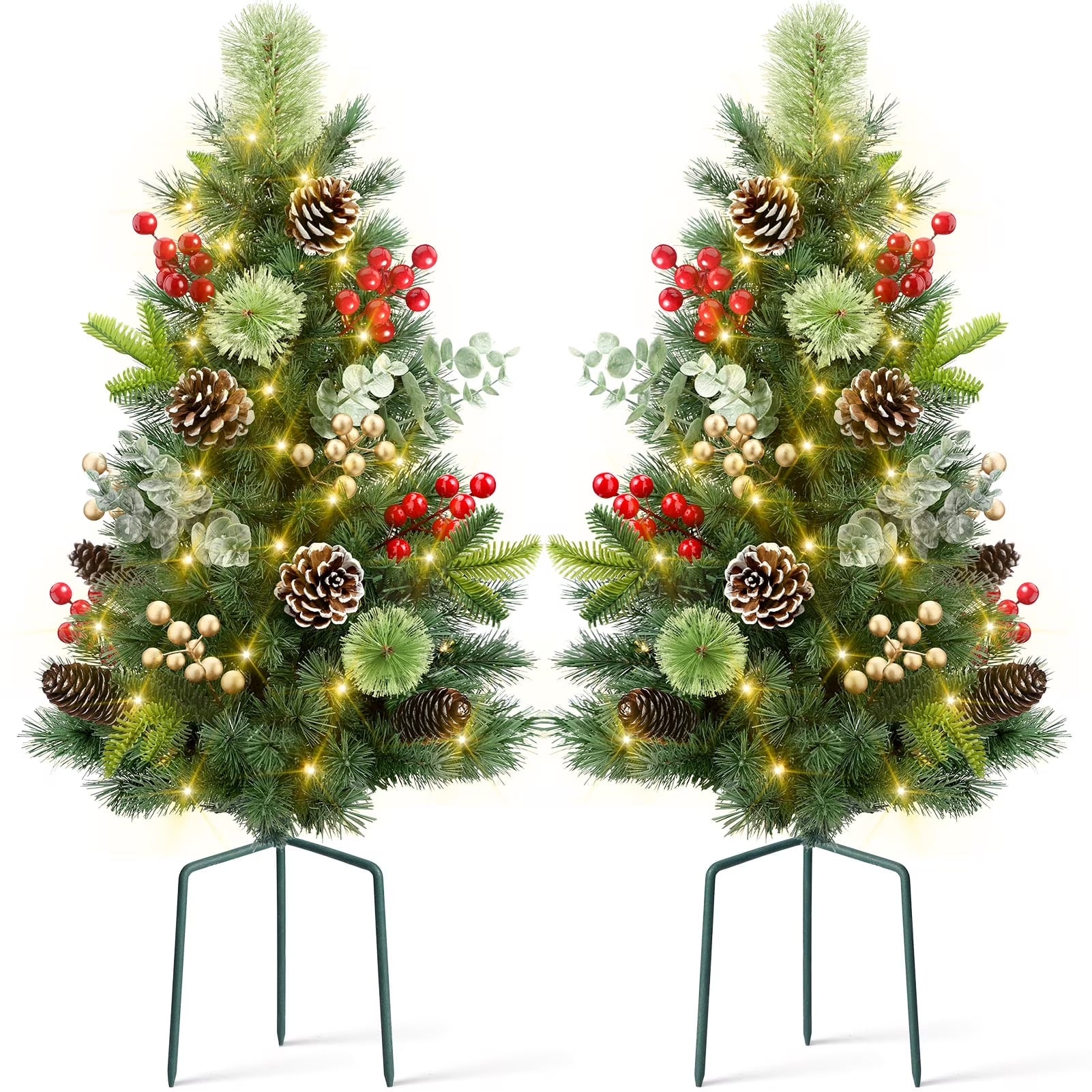 2Pcs 29In Outdoor Pathway Christmas Trees, Holiday Decor for Driveway, Yard, Garden W/Led Lights, Berries, Pine Cones, Ornaments