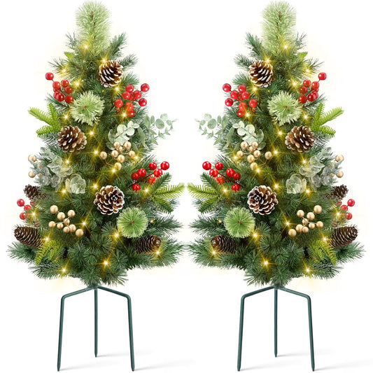 2Pcs 29In Outdoor Pathway Christmas Trees, Holiday Decor for Driveway, Yard, Garden W/Led Lights, Berries, Pine Cones, Ornaments