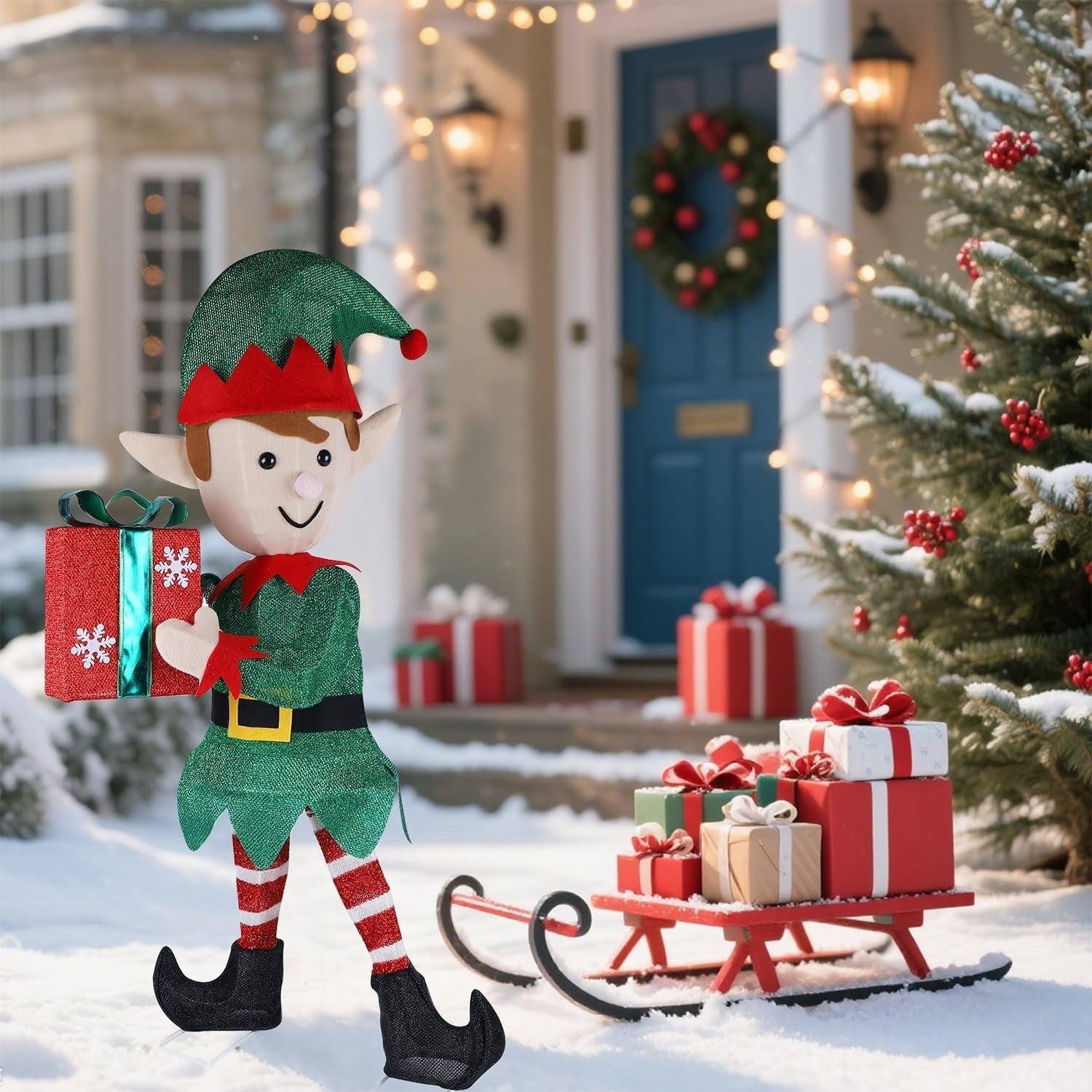 Lighted Christmas Outdoor Decor, 38" Height Pre-Lit 3D Tinsel Xmas Green Elf