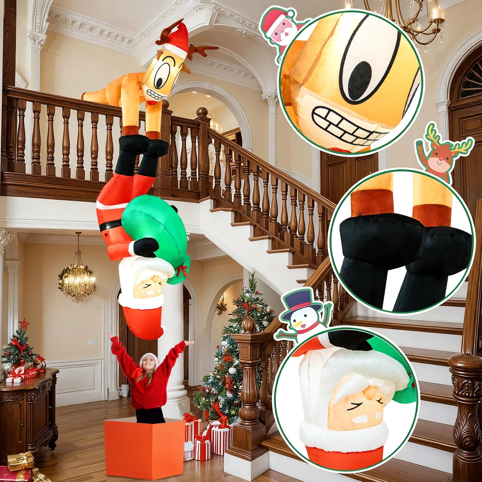 8FT Christmas Inflatables Decoration Outdoor Reindeer and Hanging Santa Blow up with Build-In LED Christmas Decorations Indoor Outdoor Yard Patio Garden Lawn Decor