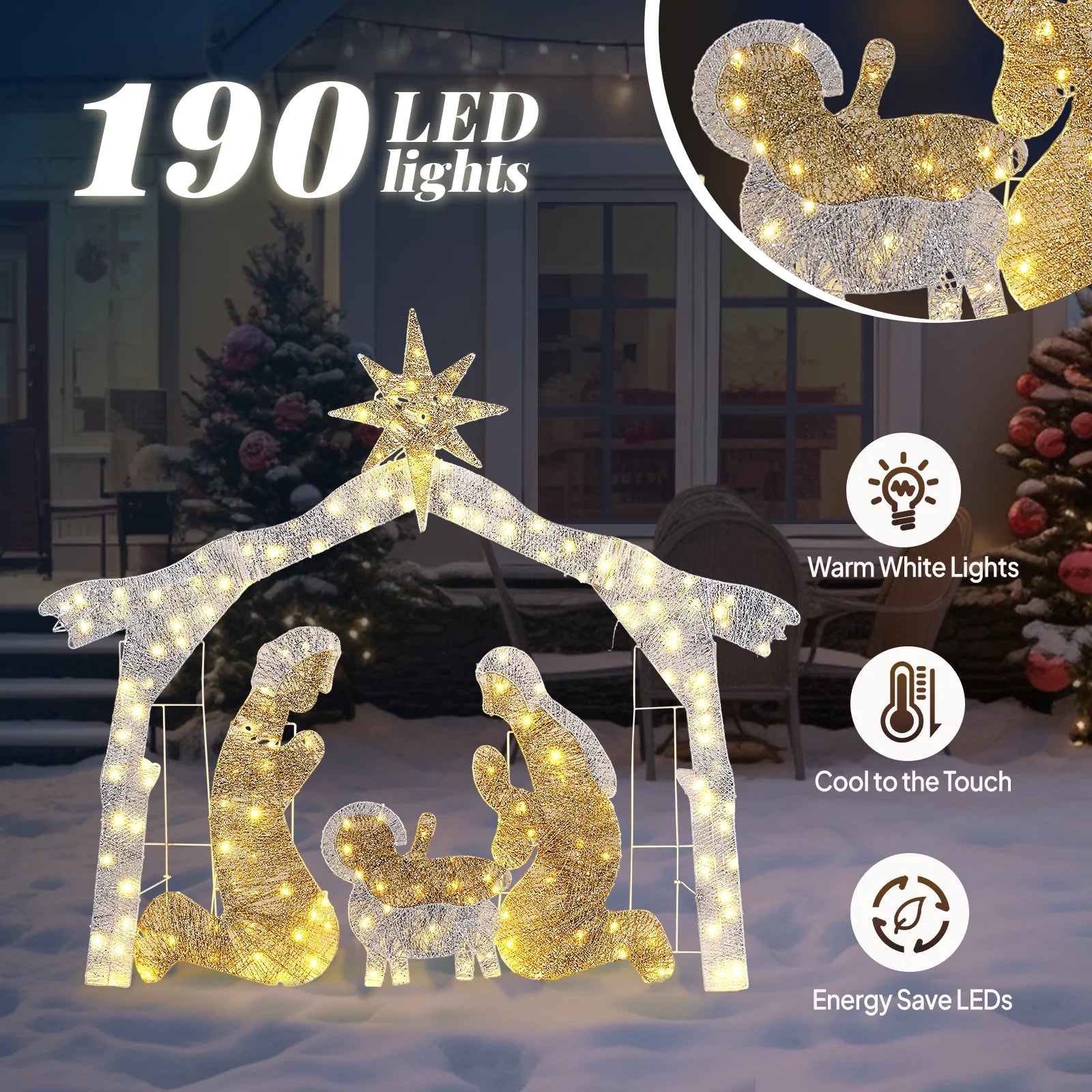 6Ft Christmas Lighted Nativity Scene Holy Family Christmas Outdoor Decor,With 190LED Lights - Silver Roof