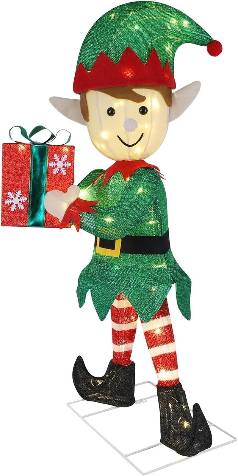 Lighted Christmas Outdoor Decor, 38" Height Pre-Lit 3D Tinsel Xmas Green Elf