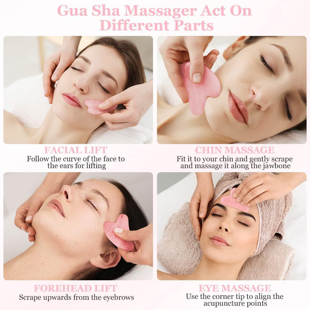 Gua Sha Facial Tools Rose Quartz Guasha Tools for Face & Eye Gua Sha Stone Skin Care Body Tighten Skin Massage Tools for Puffiness Reducing & Jawline Sculpting Face Stone Gua Sha Tools (Pink)