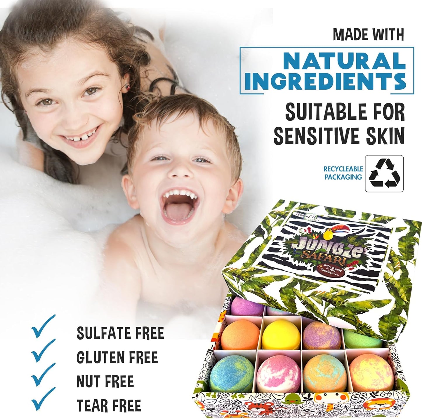 Bath Bombs for Kids with Surprise Inside, 12 Bubble Bath Fizzies with Jungle Animal Toys. Moisturizing, Gentle & Kids Safe, Rainbow Spa Bath Fizz, Birthday Gifts for Boys, Girls