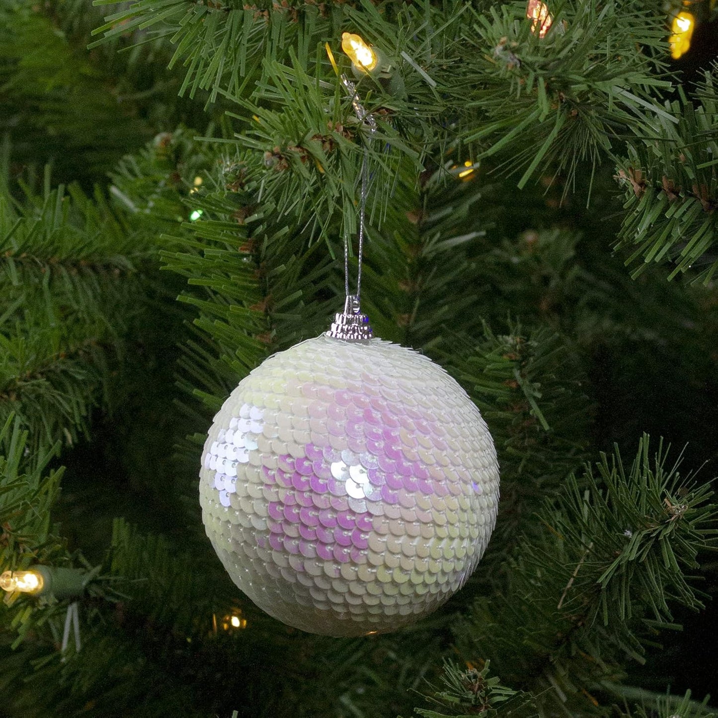3" White Iridescent Sequin Shatterproof Ball Christmas Ornament