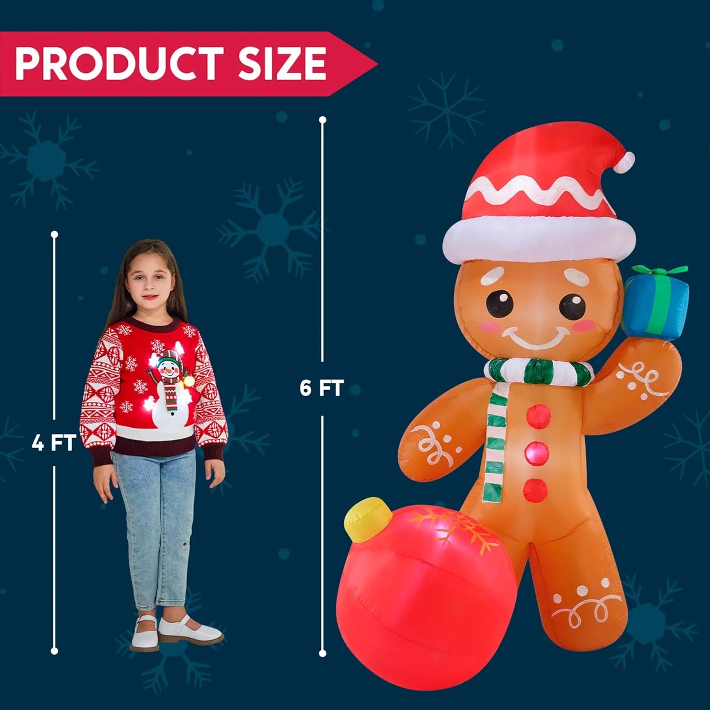6 Ft Christmas Inflatables Gingerbread Outdoor Decorations,Gingerbread with Ornament Blow Ups with Built-In Leds for Holiday Party Garden Lawn Yard Decor