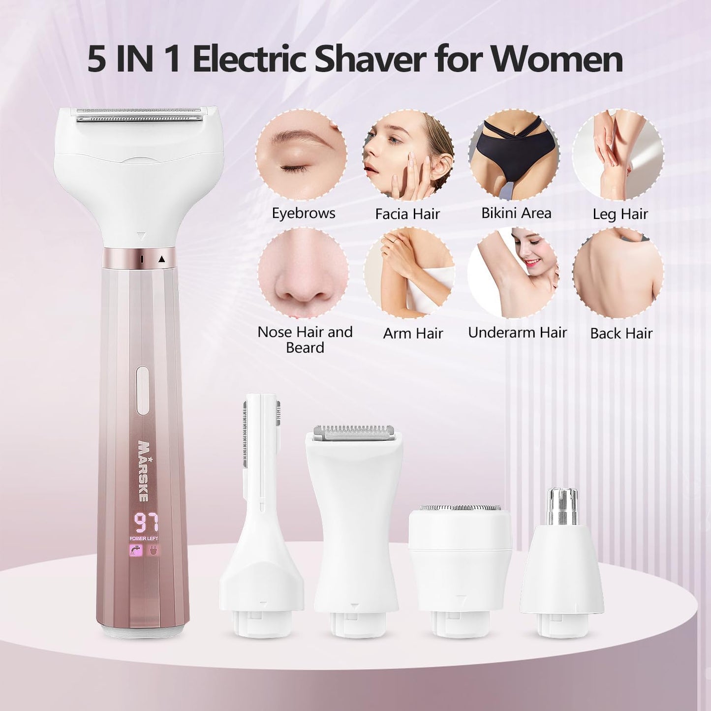 Electric Razors Shavers for Women, Bikini Trimmer 5 in 1 Lady Electric Shaver Razor Wet/Dry Face Razors for Face Nose Eyebrow Arms Armpit Legs Pubic Hair Area Painless Facial Hair Removal for Women