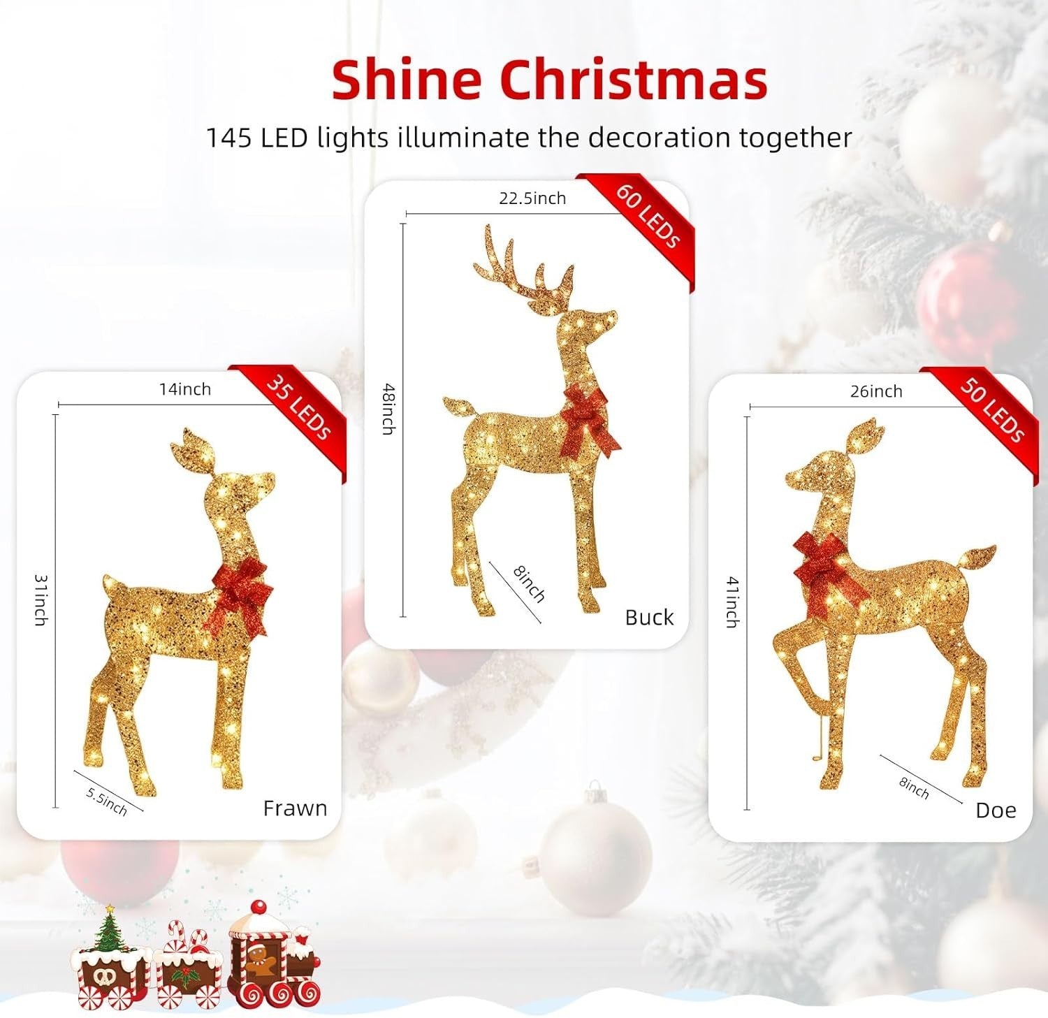 3-Piece 2D Lighted Christmas Deer Family Set - Large Outdoor Yard Reindeer Ho...