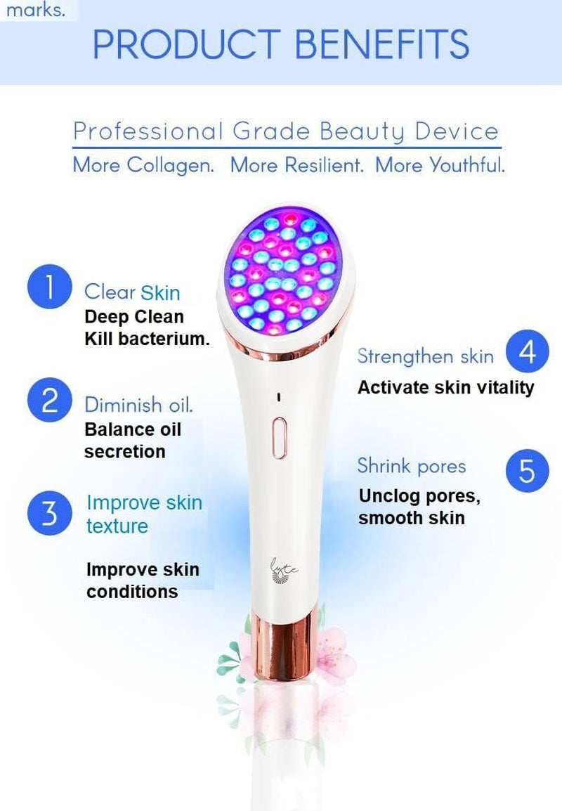 Lyte Wireless Dual Red & Blue LED Light Therapy for Face Includes Hyaluronic Serum Automatic Contact Sensor 2-In-1 Blue and Red LED Light Therapy for Face Wrinkle Reduction Device