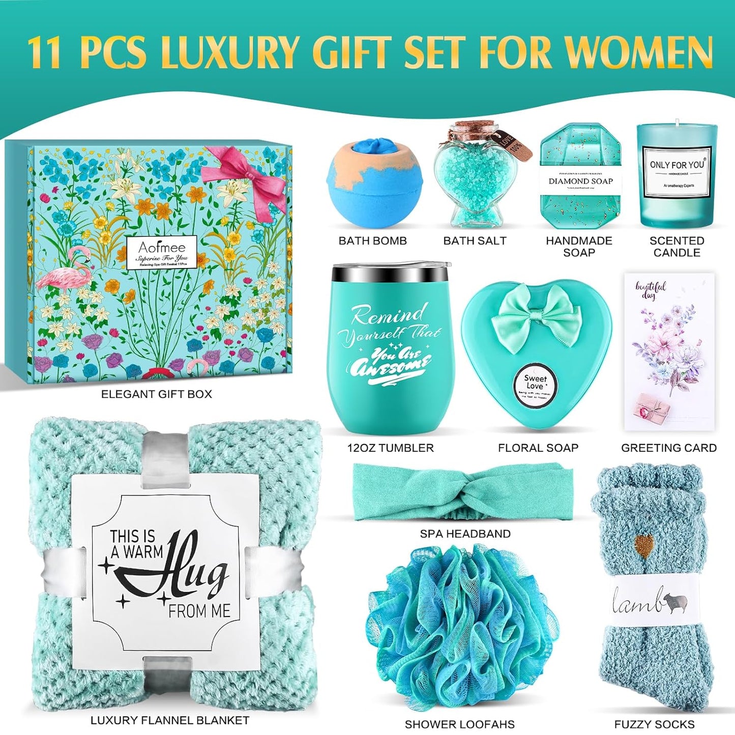 Birthday Gifts for Women, Thinking of You Gift Care Package with Luxury Flannel Blanket for Women Mom Her Wife Friends Sister, Blue Self Care Spa Relaxing Baskets for Christmas Valentines Mothers Day