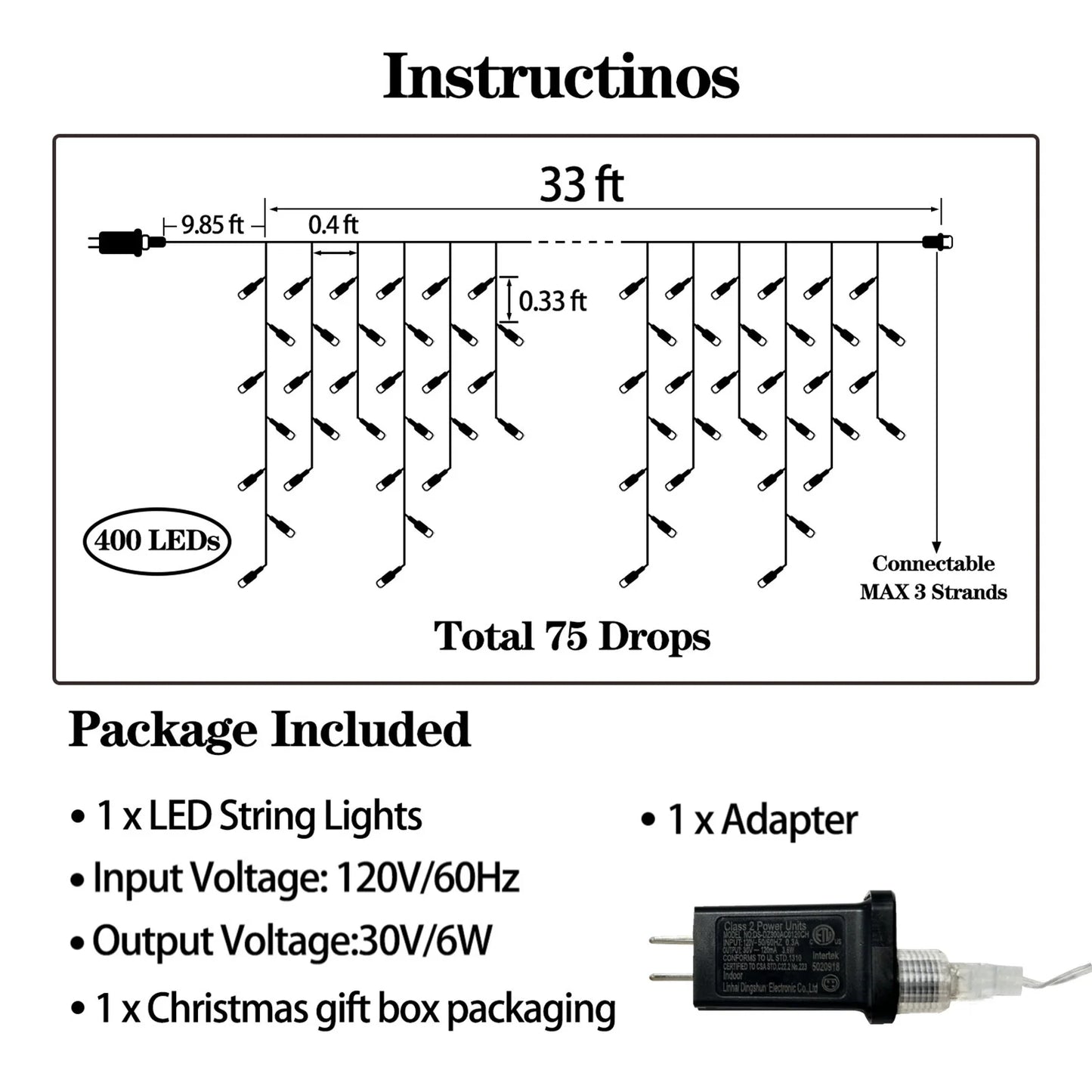 Christmas String Lights, 33Ft 400 LED Fairy Twinkle Lights 8 Modes Plug in Light for Holiday Wedding Party Home Indoor Outdoor Decoration, Cool White