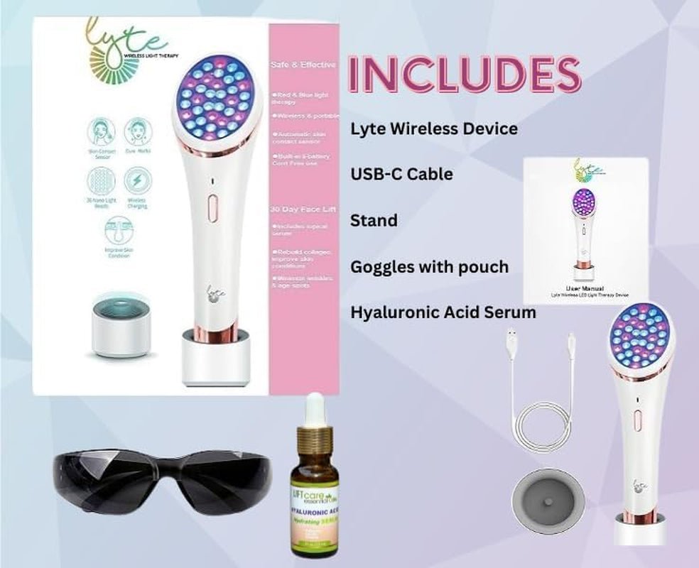 Lyte Wireless Dual Red & Blue LED Light Therapy for Face Includes Hyaluronic Serum Automatic Contact Sensor 2-In-1 Blue and Red LED Light Therapy for Face Wrinkle Reduction Device