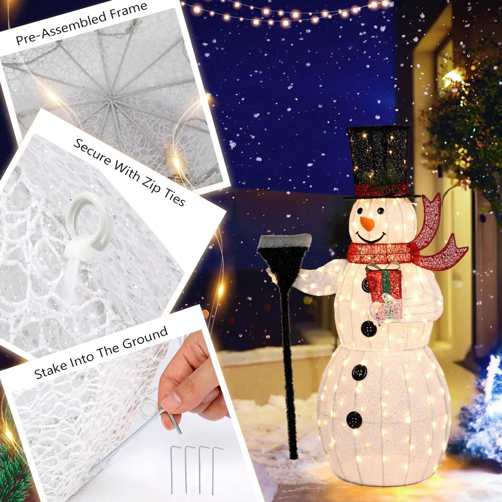 5Ft Lighted Christmas Snowman Decoration, Holding a Broom, White, 1 Count