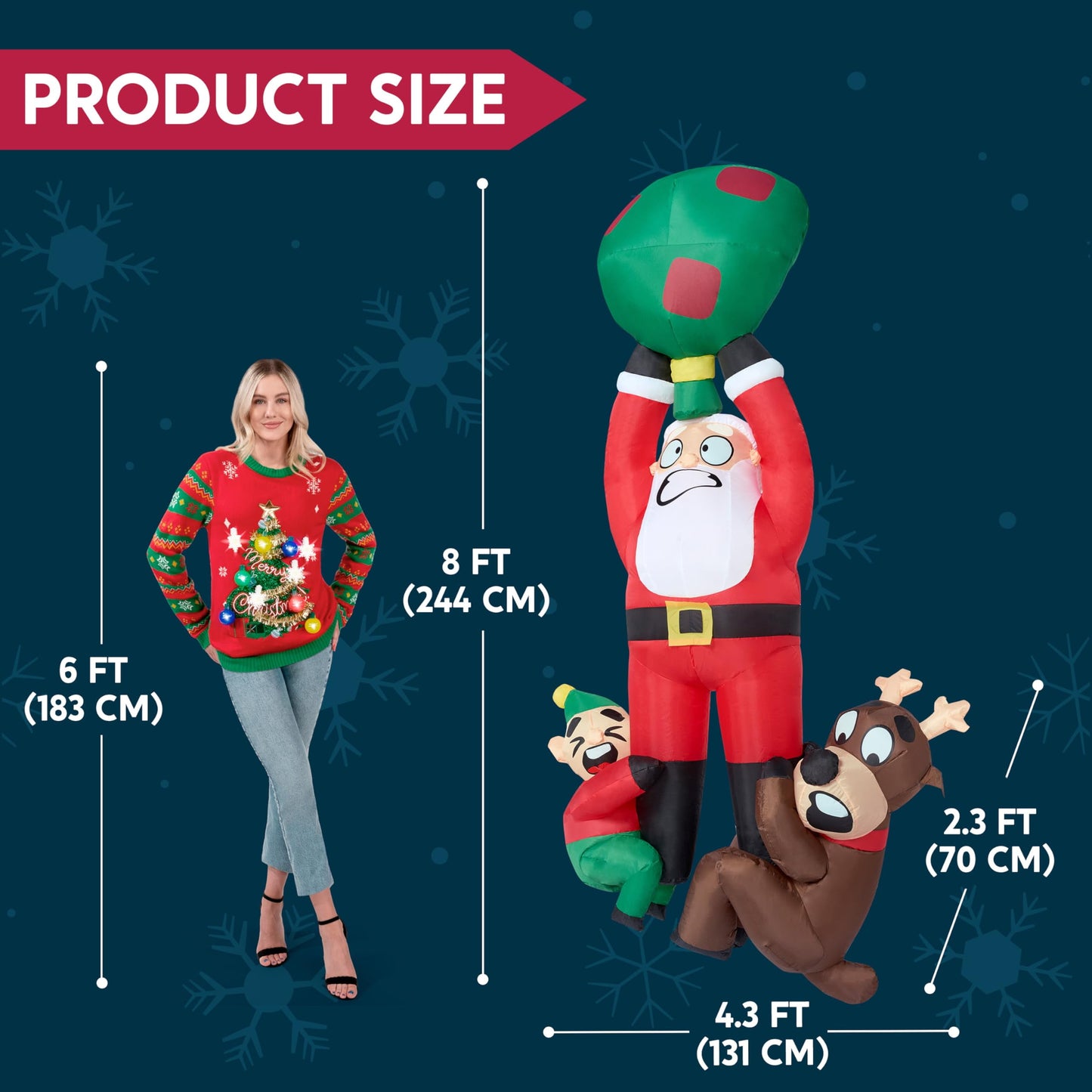 8 Ft Christmas Inflatables Santa Outdoor Decorations,Santa with Elf and Reindeer Blow Ups Yard Christmas with Built-In Leds for Holiday Party Garden Lawn Decor