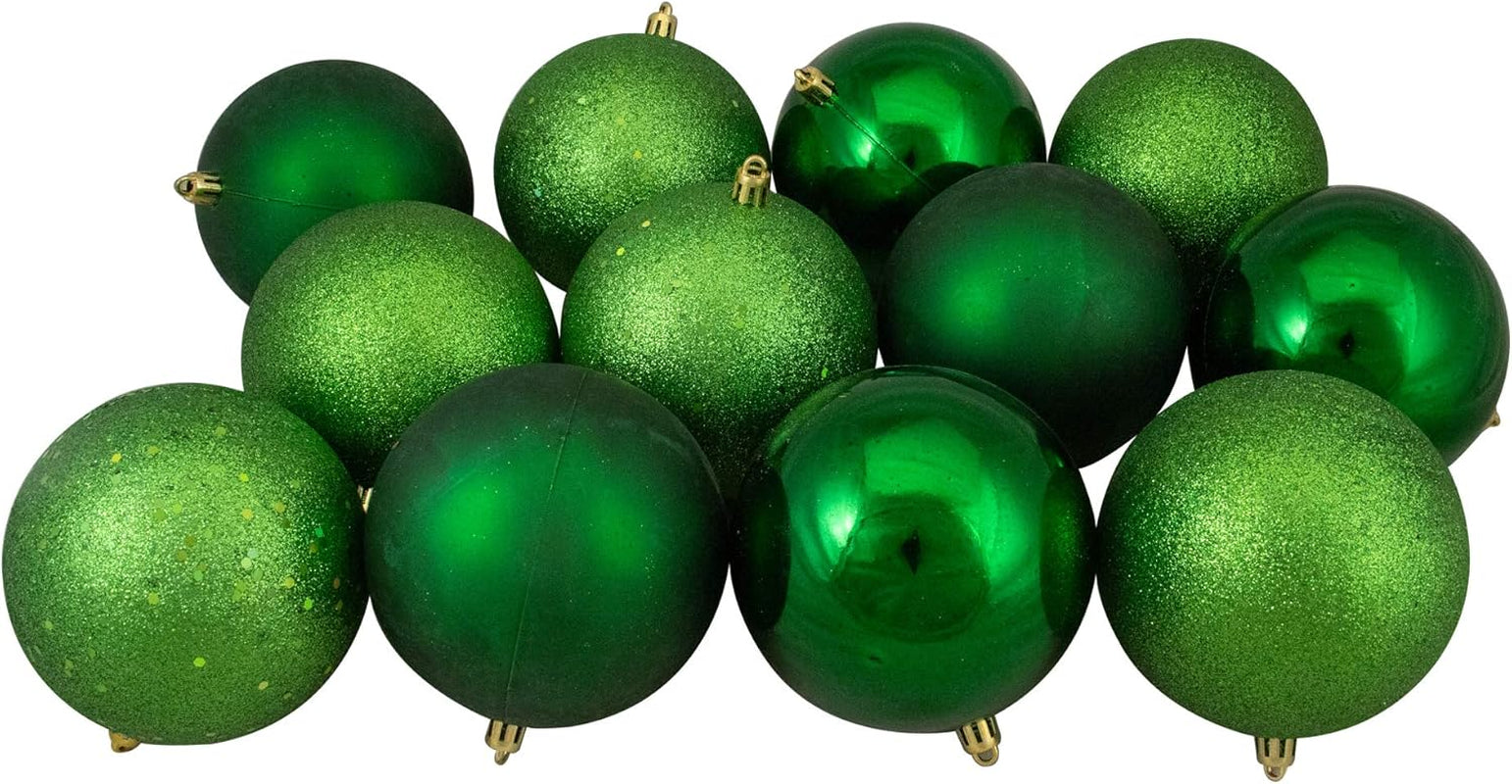 12Ct Green Shatterproof 4-Finish Christmas Ball Ornaments 4" (100Mm)