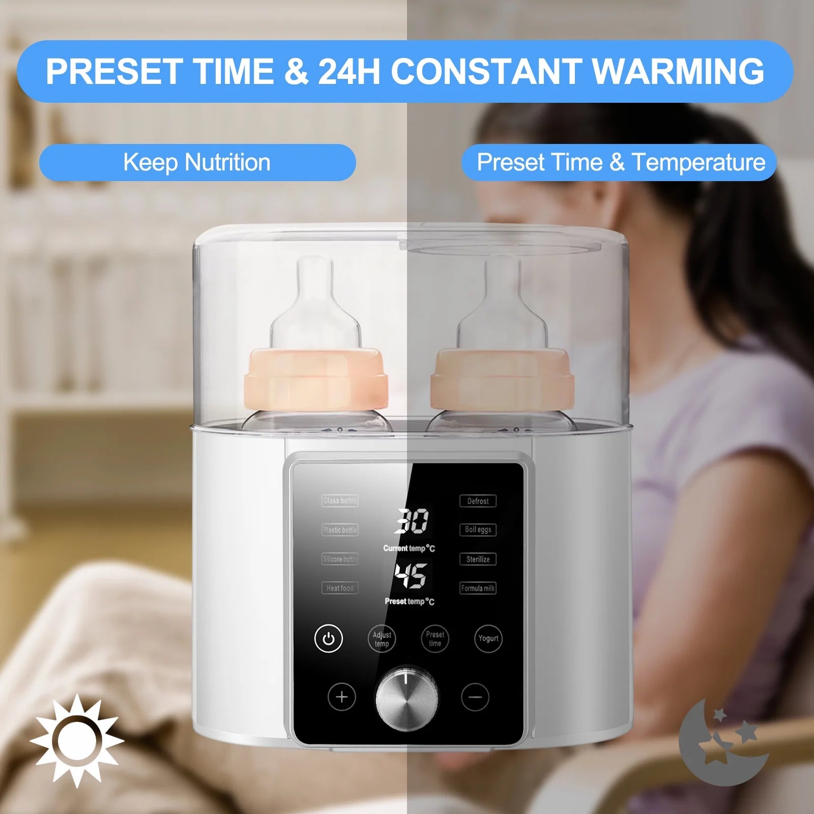 Baby Bottle Warmer, 12 in 1 Babies Fast Milk Warmer & Sterilizer Double Food Heater & Defrost Bpa-Free with LCD Display, Timer & 24H Temperature Control for Breastmilk & Formula